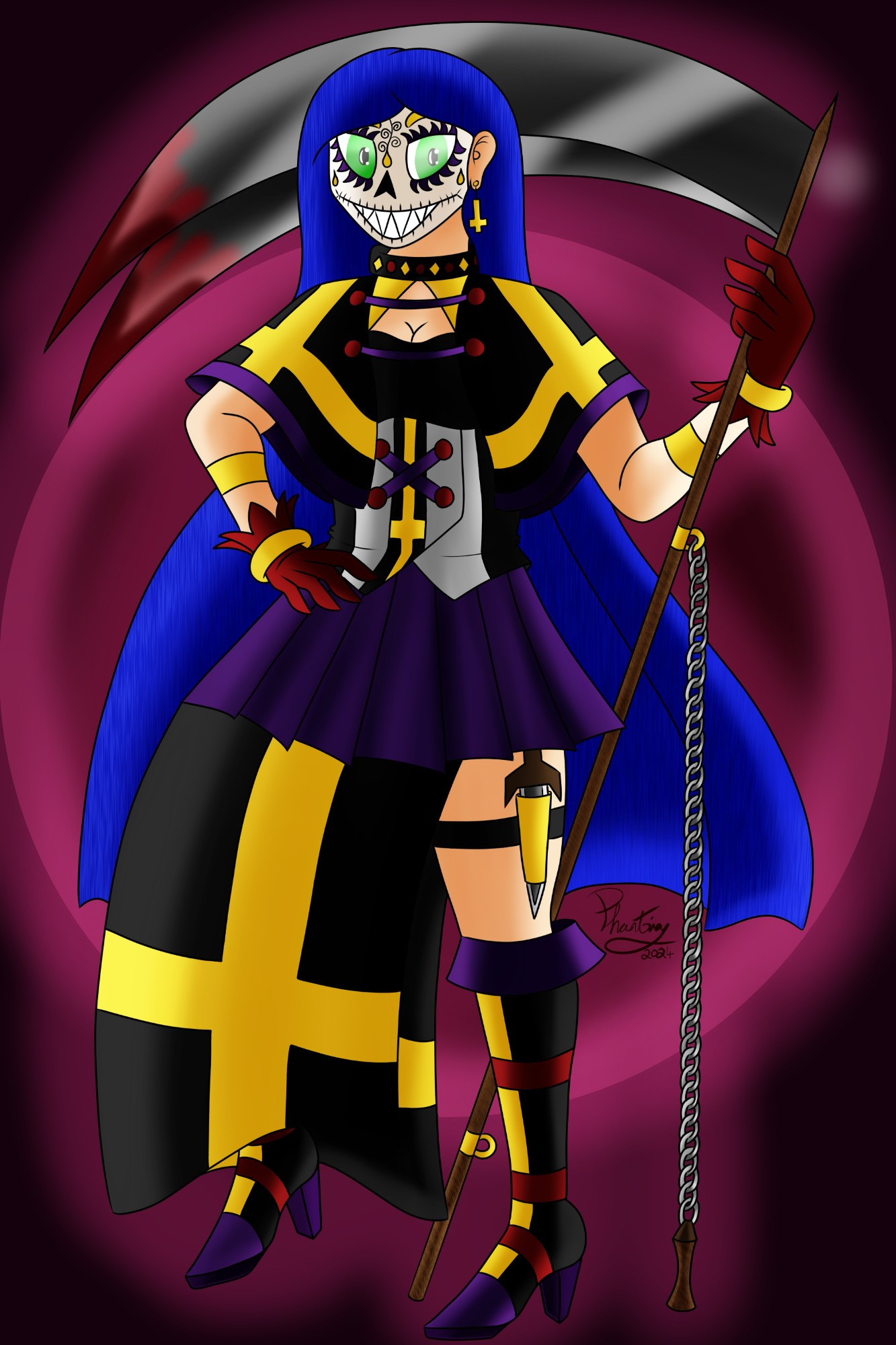 A drawing of my OC Phantina, dressed in her Phantom Thief attire. Code name Wraith, she wears a short black cloak over her shoulders which is adorned with inverted yellow crosses. She also wears a short purple skirt, which extends underneath on one side with black fabric, which also has large inverted yellow crosses on it. She has red gloves with yellow bracelets, black knee length boots with purple and red accents and a dagger strapped to her leg. Her mask is inspired by a calavera (sugar skull), and her weapon of choice is a dual bladed scythe that is attached to a large chain.