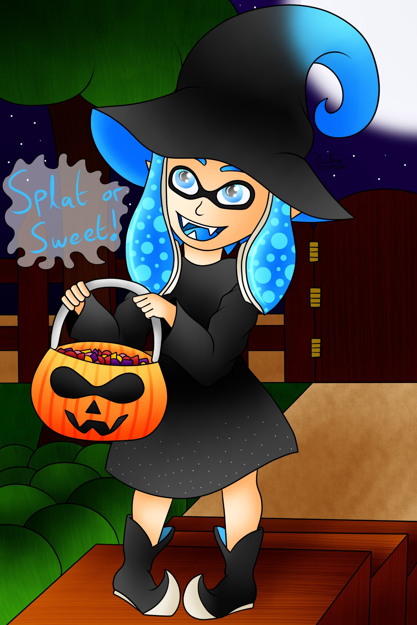 A drawing of a child version of my Inkling OC River Spring dressed in the witch costume going trick or treating.