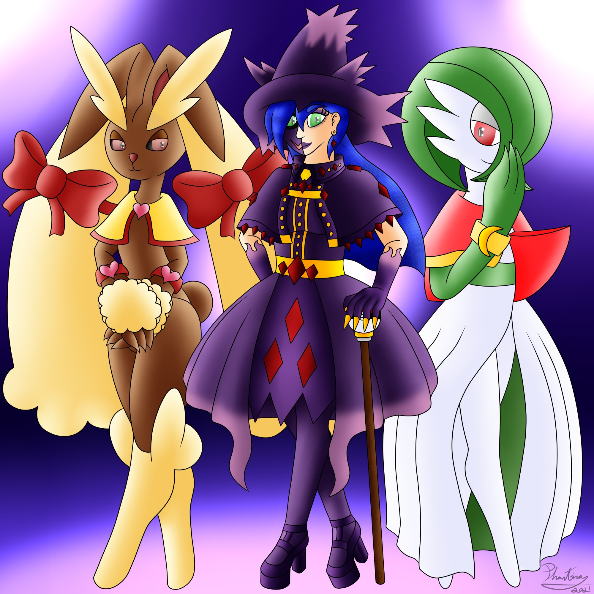 A drawing of my OC Phantina with two of her Pokemon, Morgan the Lopunny and Celeste the Gardevoir. Phantina's outfit is inspired heavily by Mismagius.