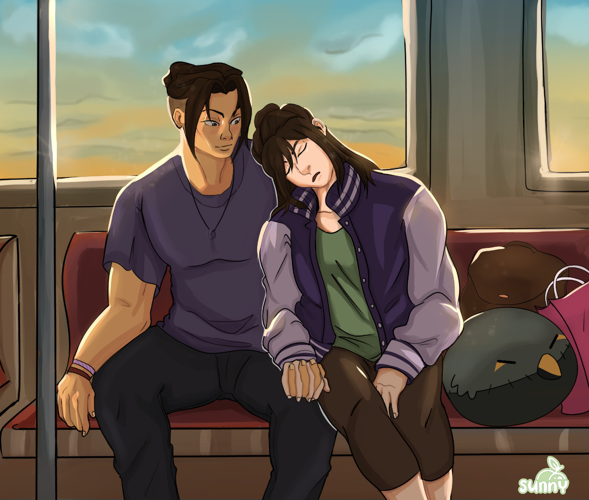 Characters from danmei novel The Grandmaster of Demon Cultivation, Jiang Cheng and Nie Huaisang sitting together on a tram. Nie Huaisang sleeps on Jiang Cheng's shoulder in the evening light with bags and a large bird plush next to him.