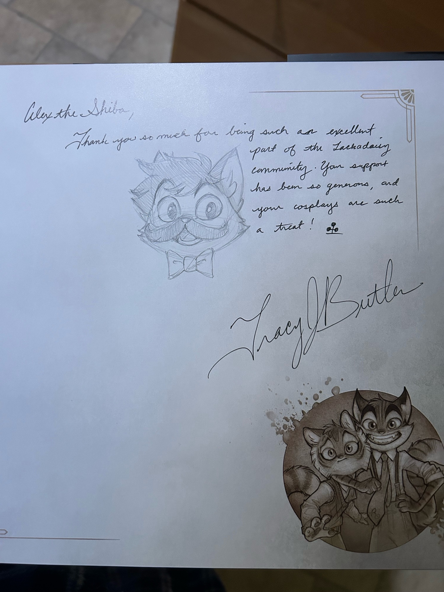 Signature from Tracy Butler, creator of lackadaisy, as well as a personalized message and drawing.