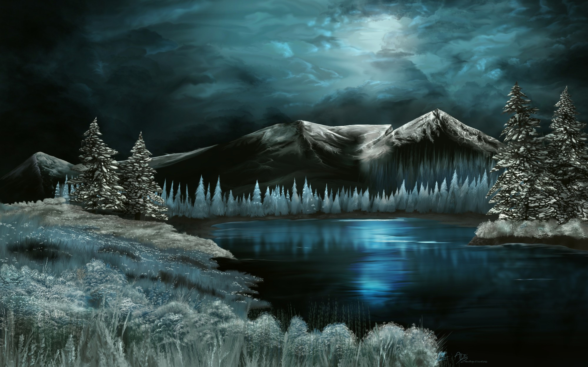 ADE | MarcDesign.it - DTIYS Ice Landscape, OG by ShiftyPumpkin

4th Winner of the Art Exchange Club. Original piece by @shiftypumpkin.com depicting a snow covered mountain area with a beautiful icy lake during a full-moon night.

Progress: mostly flats with some painted in plants in the front layers. 

#ADE #digitalpainting #DTIYS #landscape #snow #moon