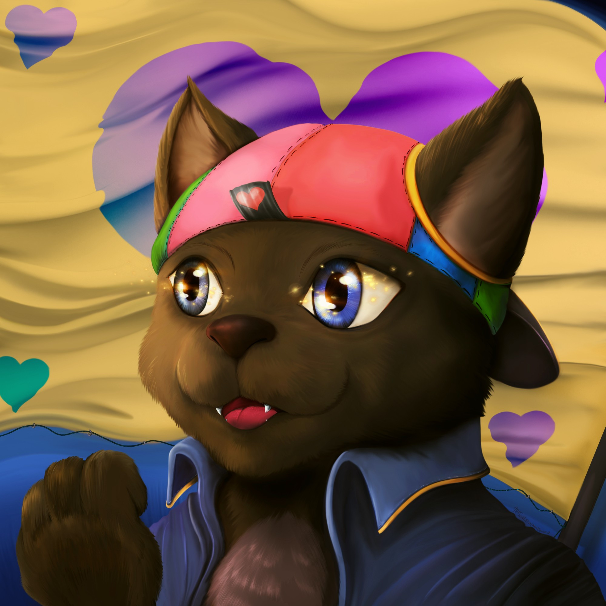 ADE | MarcDesign.it - 3rd raffle of the Art-Exchange-Club

Original references by Siekiera - @siekiera111222.bsky.social - a digital painting of an anthro cat-boy OC. Dressed in a blue jacket with jellow highlights and wearing a multicolored cap, the figure has dark brown almost black fur and different colored eyes. The cat-boy is looking proud, almost patriotic with glittery huge eyes and an open happy mouth.

The painting is set onto a dark blue background with a yellow flag in the background. The cloth of the flag is decorated with blue-purple contrasting heart icons.

#artshare #raffle #art-exchange-club #furry #OC #Reference #DTIYS #digitalpainting