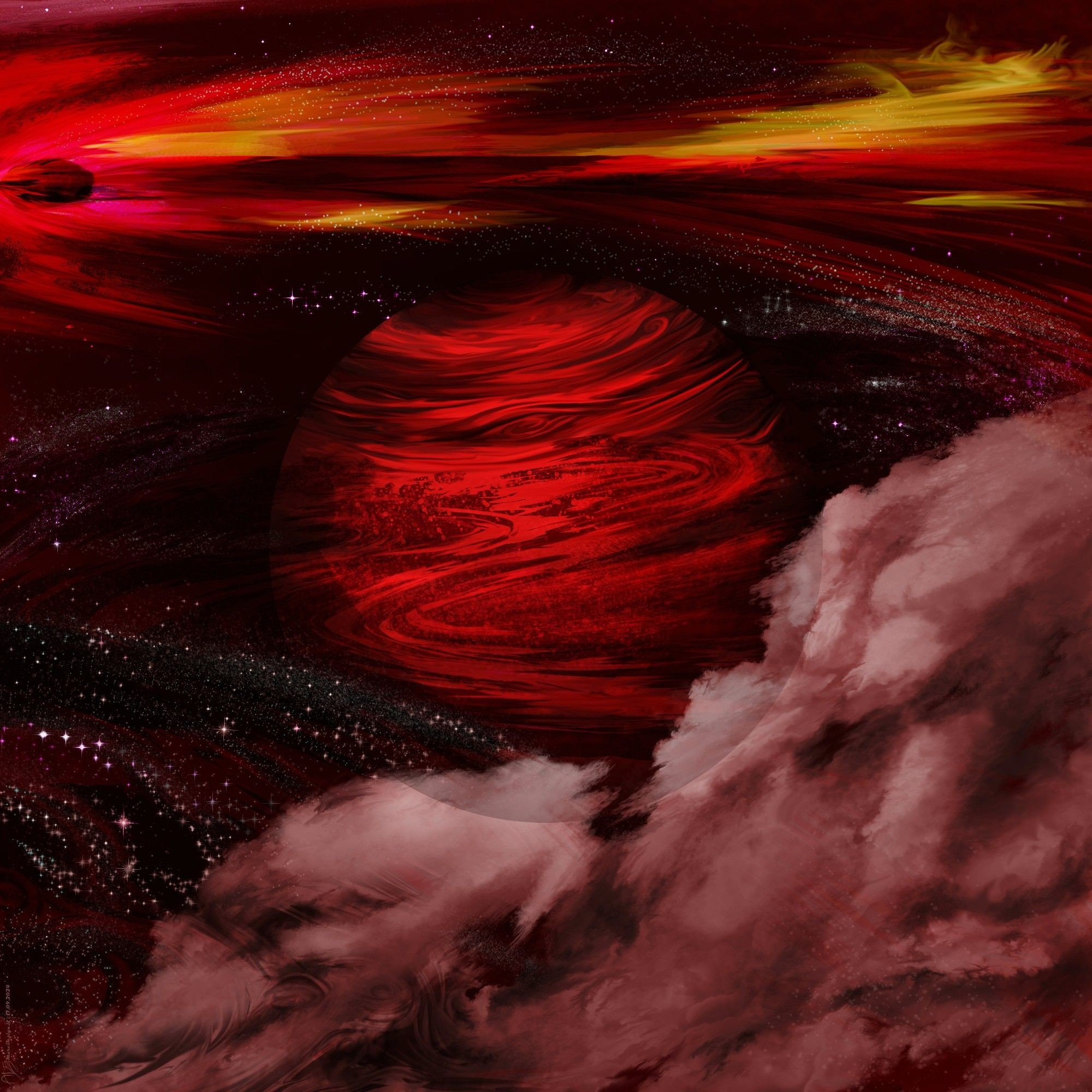 ADE | MarcDesign - Red Universe

Original by Anubis @zerodayanubis‬. A red planet painting in a misty red universe. Patterns and composition are directly based on the abstract original.

#Art #digital-painting #pkanet #umiverse #stars #red #clouds #meteor