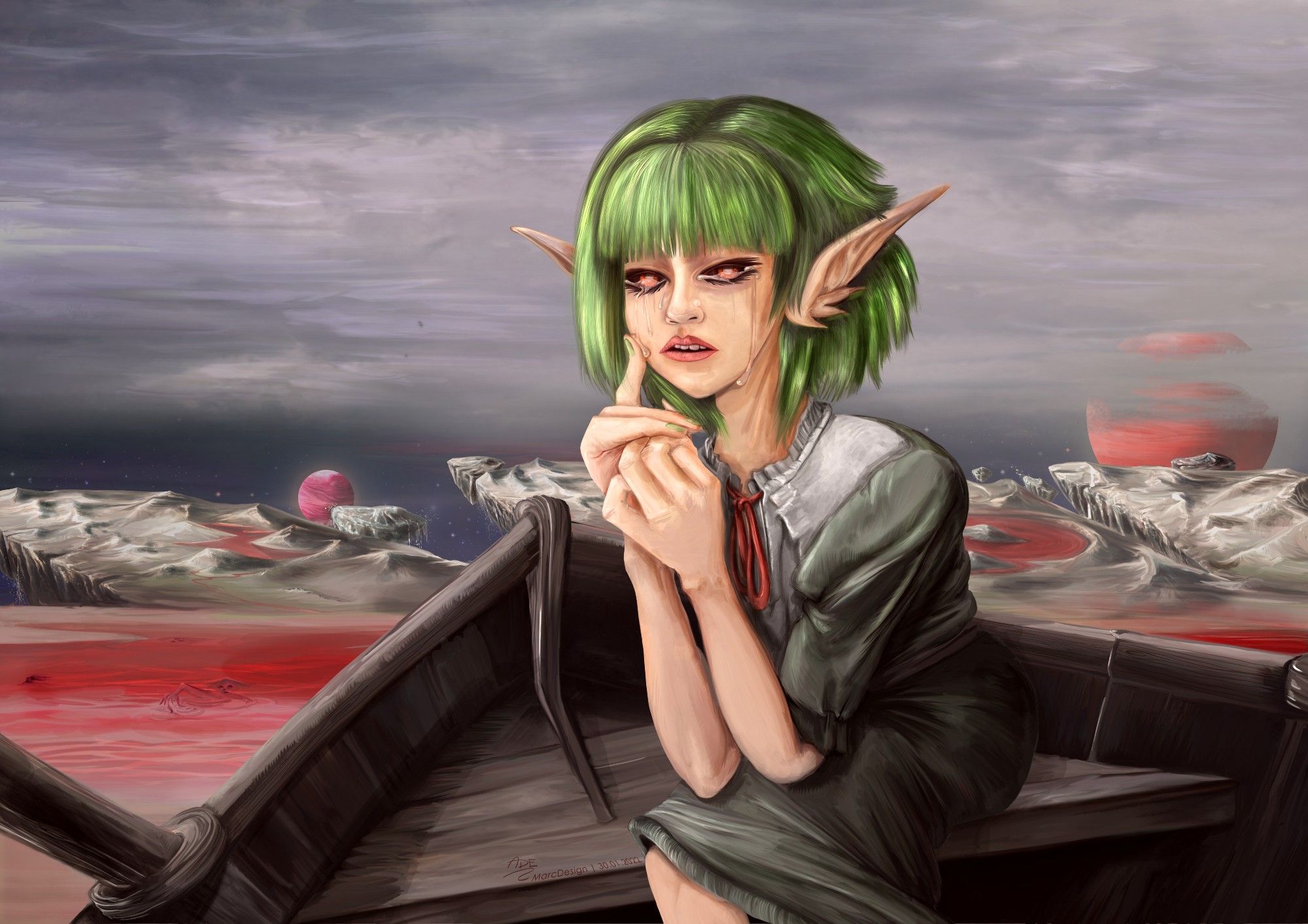 ADE | MarcDesign.it - Alfhilda crying on the shore, digital painting

Digital painting of an elf-like creature in tears with green hair on the shore of a distant world. She's sitting in a small boat seemingly looking directly to the viewer with her black and faintly orange eyes. A bloody ocean is depicted in the background. Morning time, cloudy vista with visible red planets.

#ADErealm #FantasyArt #Elf #Highelf #RedArt #GreenHair #Planets #Clouds #Stars