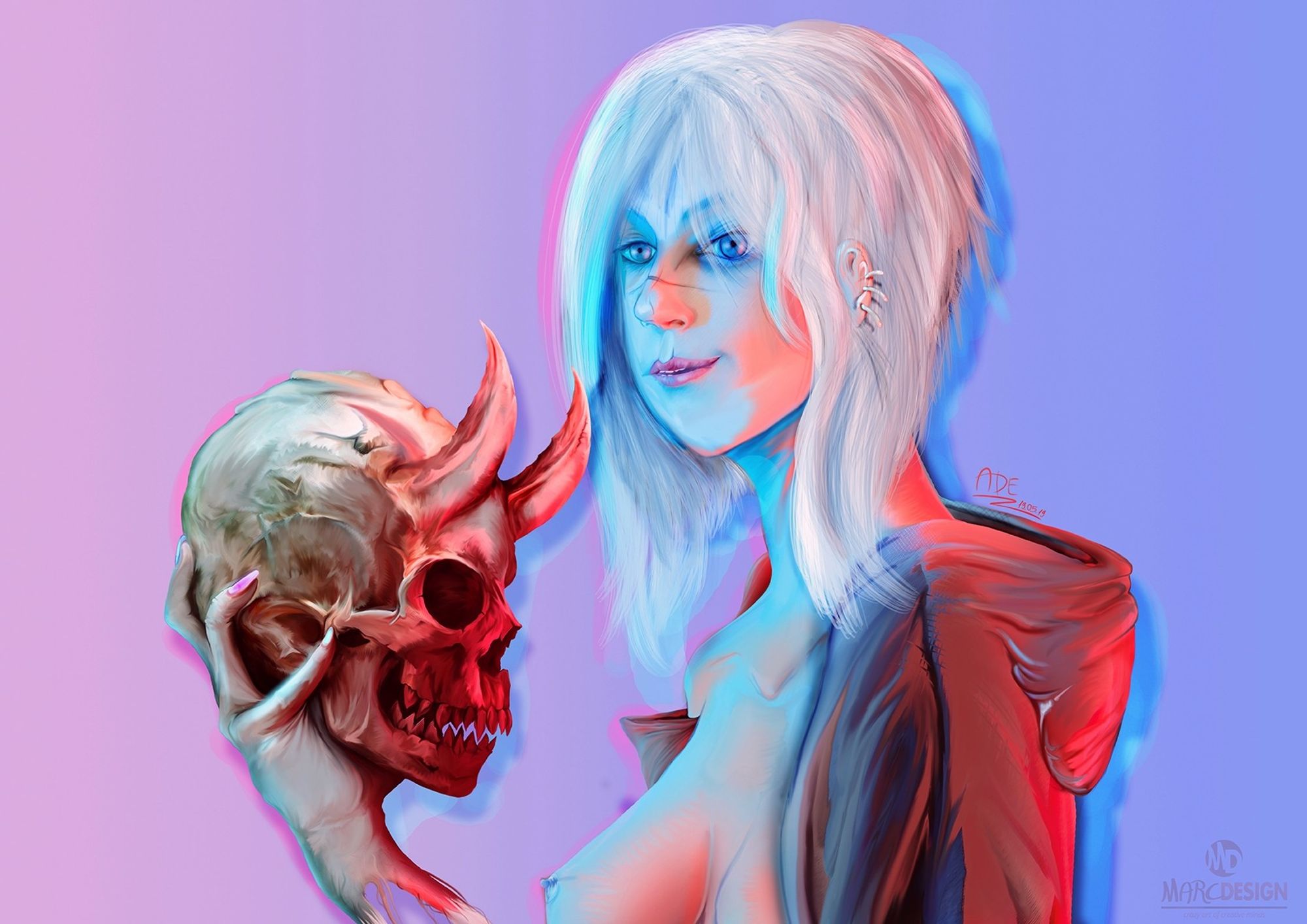 ADE | MarcDesign.it - Mary of the White Rose

OC depiction of an albino woman with a wild gaze, holding a demon skull. Angelic features, light colors, and a semi-nude appearance. Striking white hair and intense blue eyes.

#MaryWhiteRose #DigitalPainting #AlbinoBeauty