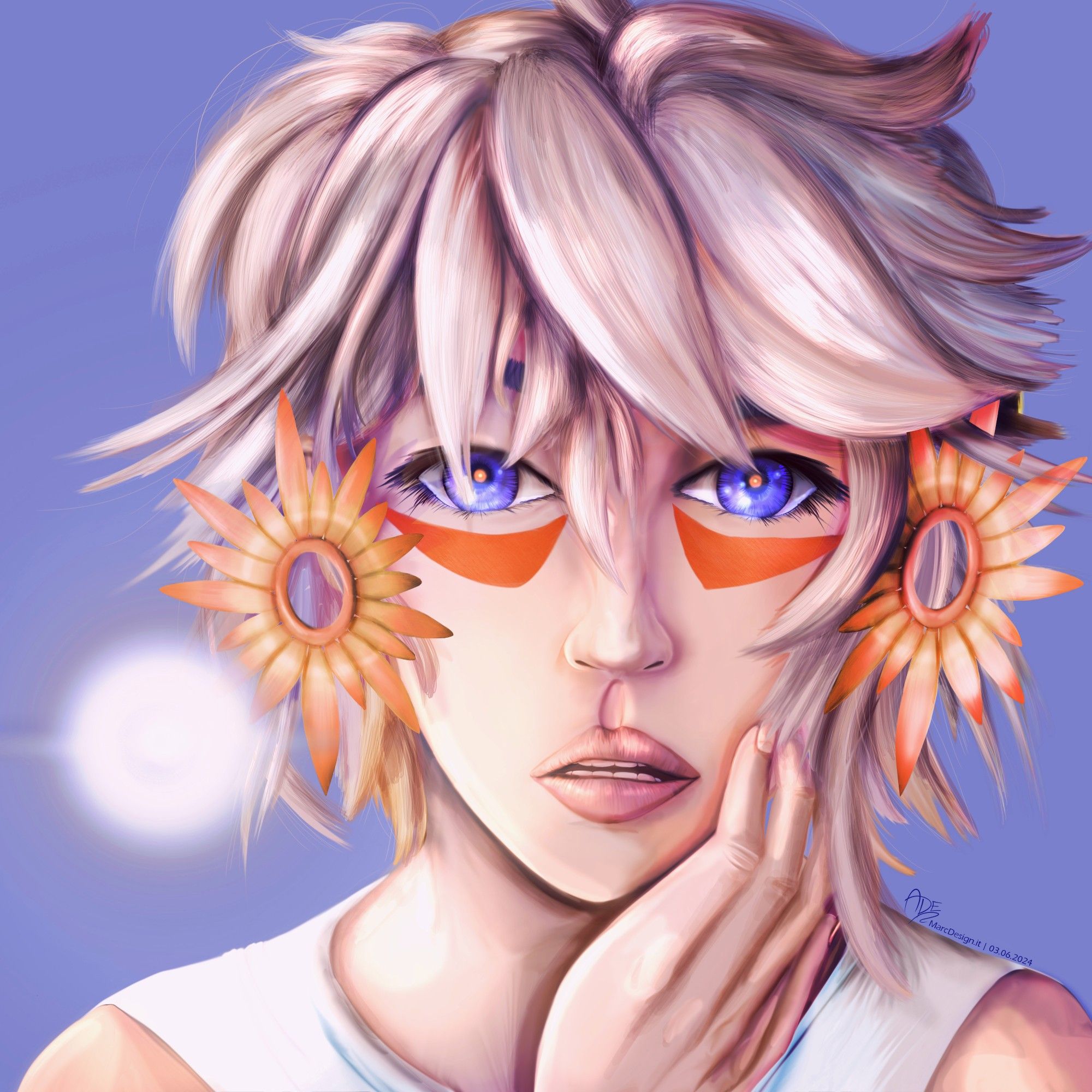 ADE | MarcDesign.it - 1st raffle of the Art-Exchange-Club

OC by Khu - @calamondin.bky.social!

Digital painting of a young man with blond-grey hair wearing a white summer dress on a blue backdrop. He has big purple-blue eyes with orange pupils, orange make-up markings on her cheeks, and sunflower earrings. A mysterious floating small light ball illuminates his right side.

#artshare #raffle #art-exchange-club #OC #DTIYS