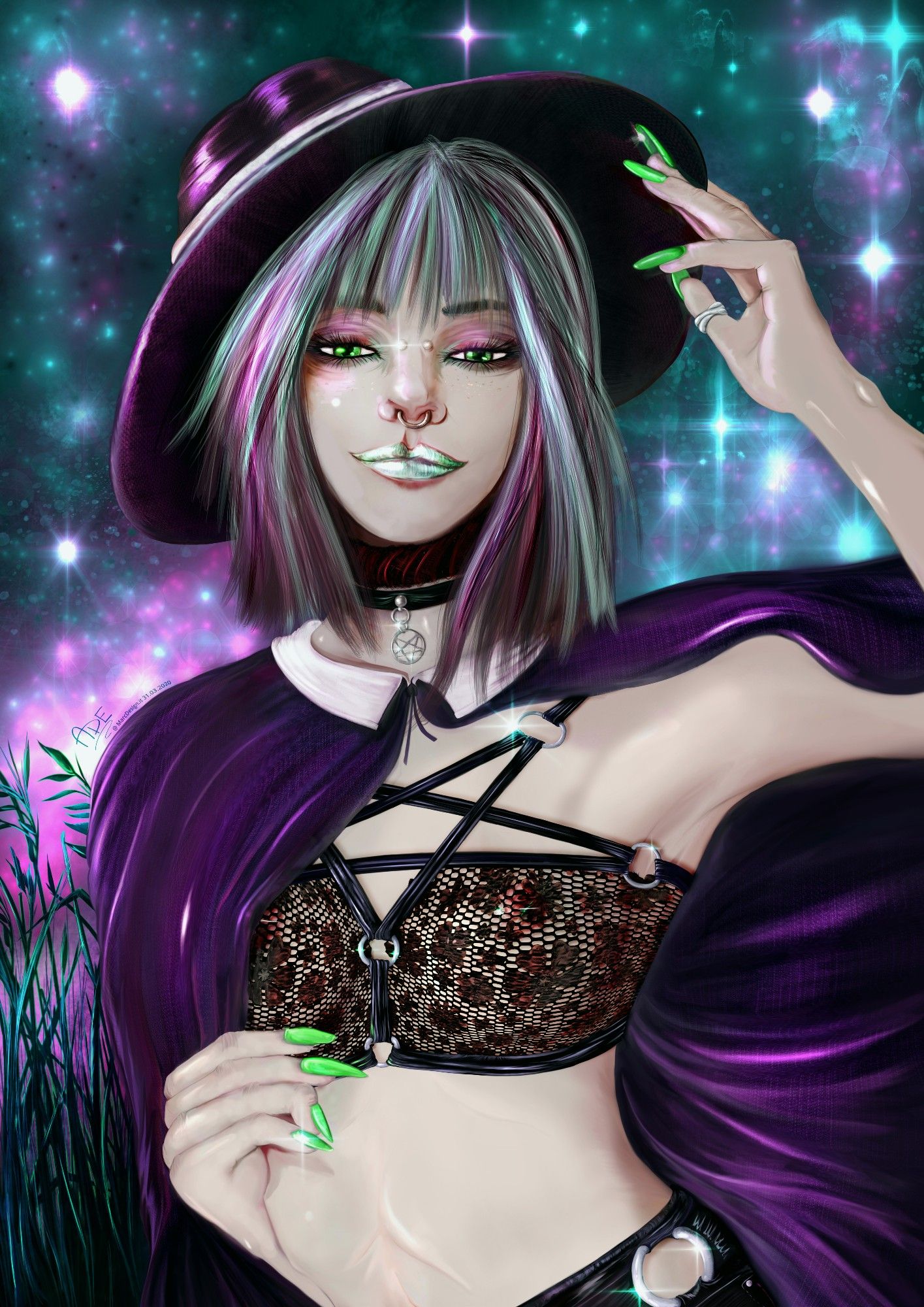 ADE | MarcDesign.it - Wiccan

A pale Wiccan girl stands beneath a full moon on a starry night, draped in a purple cape, modern witch hat, and a see-through lace bra, tall green grass in the background.

#WiccanGirl #FullMoon #StarryNight #WitchFashion