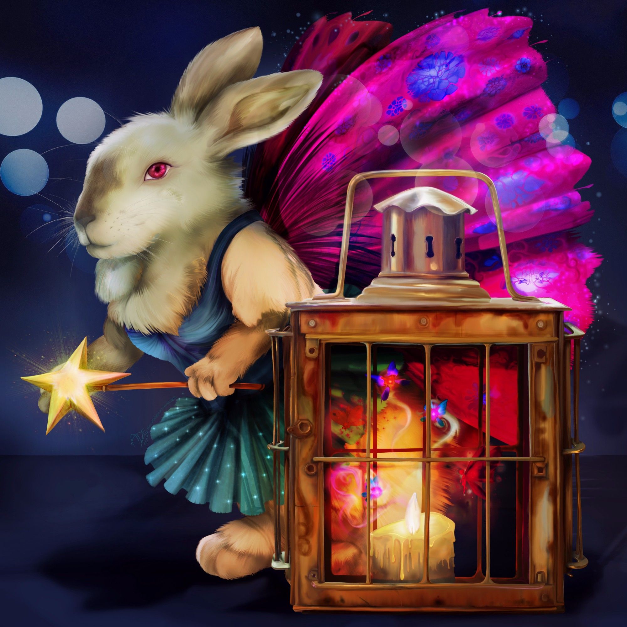 ADE | MarcDesign.it - 2nd raffle of the Art-Exchange-Club

Original foto by Lety Glez - @shalottheart.bsky.social! Digital painting of a beautiful bunfairy standing behind a fairy-lantern! The little kritter has white fur, white eyes and a pink pair of butterfly wings. It is holding a wand in its paws and is wearing a light blue and green ballerina dress. The lantern is an old-fashioned bronze piece with a visible candle in the middle. the lit on flame is surrounded by five small fairy creatures.

Digital painting drawn onto a dark blue background. Bokeh lights surround the square scene.

#artshare #raffle #art-exchange-club #Foto #DTIYS #digitalpainting