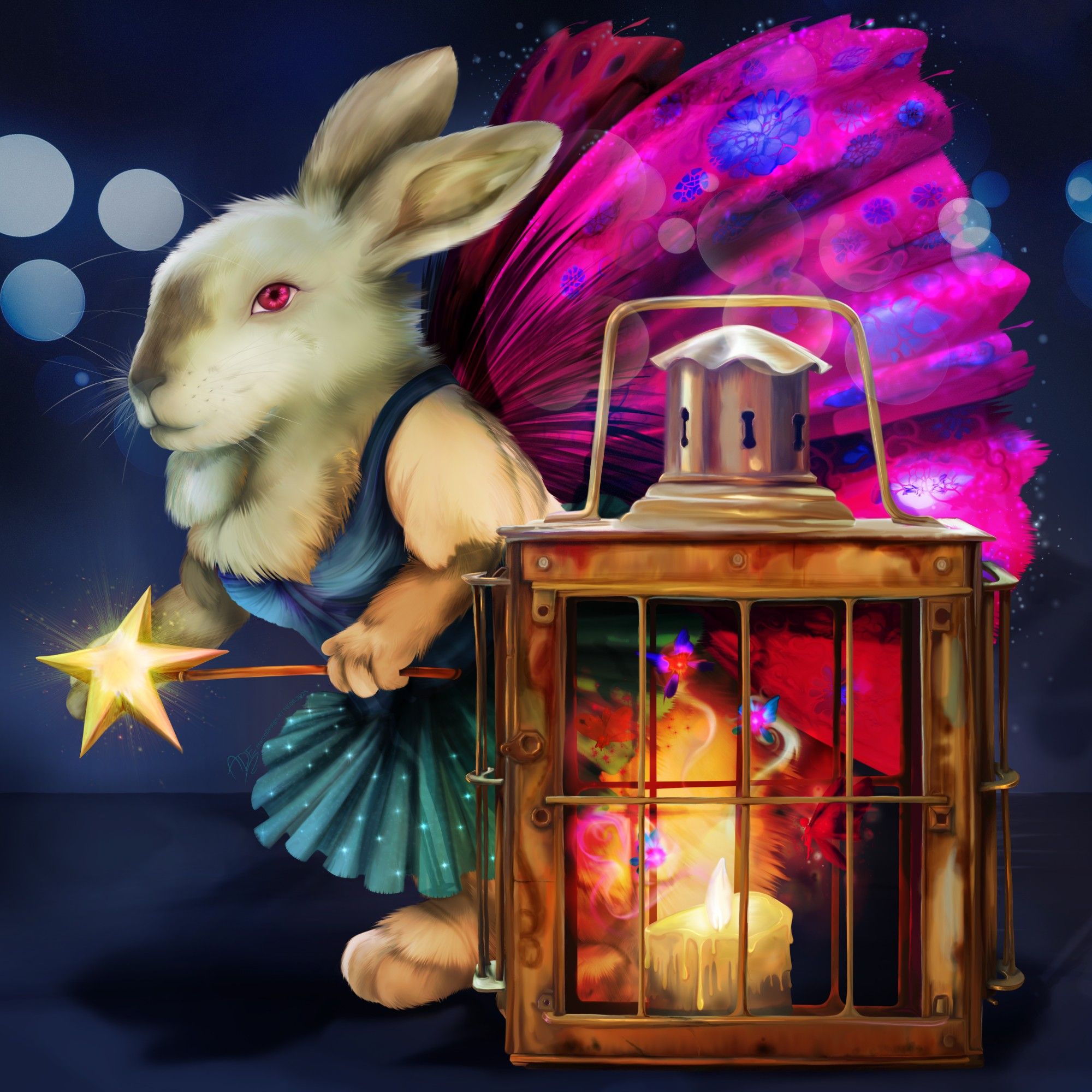 ADE | MarcDesign.it - 2nd raffle of the Art-Exchange-Club

Original foto by Lety Glez - @shalottheart.bsky.social! Digital painting of a beautiful bunfairy standing behind a fairy-lantern! The little kritter has white fur, white eyes and a pink pair of butterfly wings. It is holding a wand in its paws and is wearing a light blue and green ballerina dress. The lantern is an old-fashioned bronze piece with a visible candle in the middle. the lit on flame is surrounded by five small fairy creatures.

Digital painting drawn onto a dark blue background. Bokeh lights surround the square scene.

#artshare #raffle #art-exchange-club #Foto #DTIYS #digitalpainting