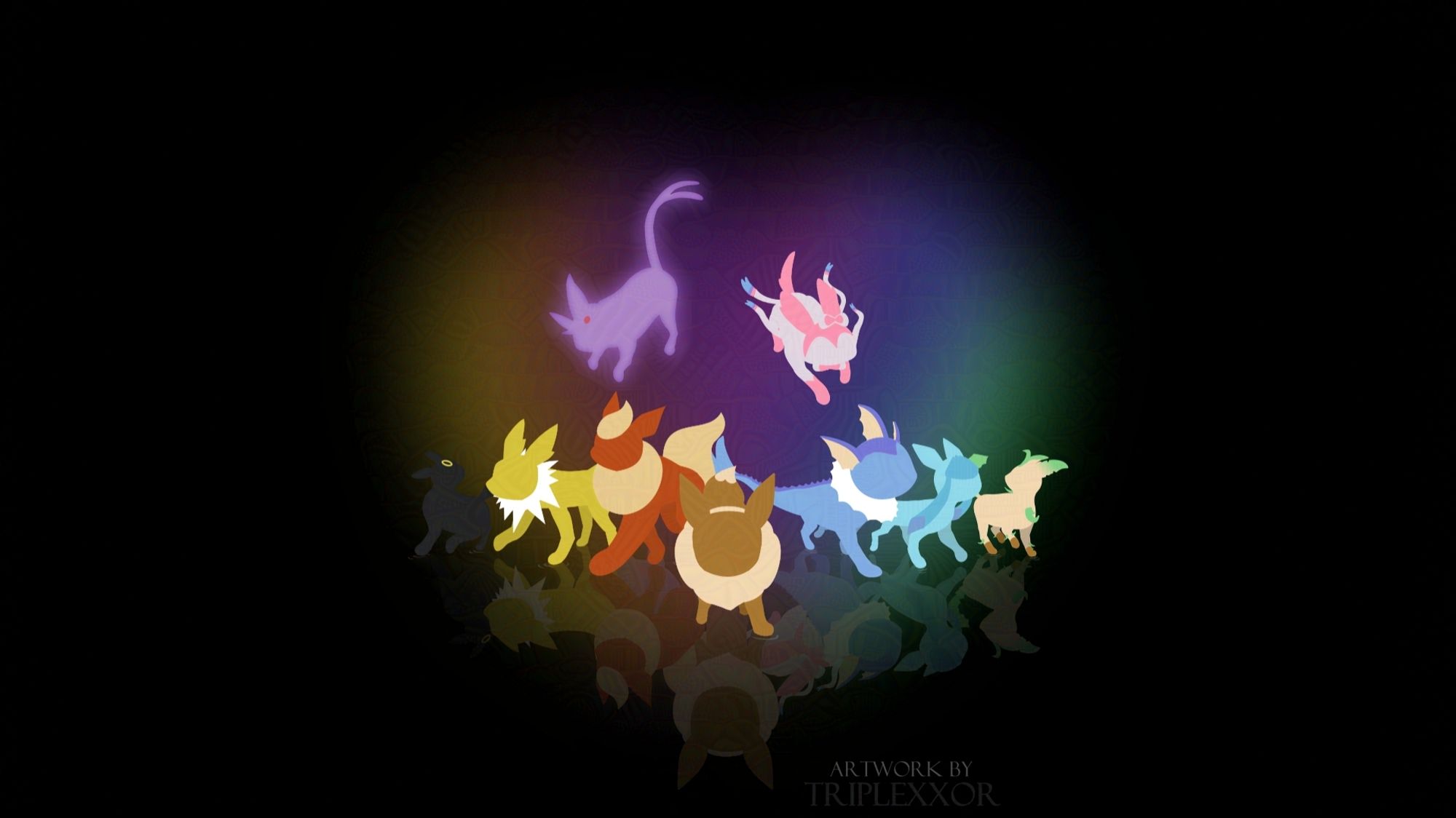 Silhouettes of the pokemon Eevee and it’s evolutions, from left to right, umbreon, jolteon, flareon, eevee, vaporeon, glaceon, leafeon, espeon is floating above them to the left and sylveon is jumping over them on the right. 

There’s a heart shape in their respective colors behind them. Their reflections can be seen on the floor with ripples where their paws touch the ground.