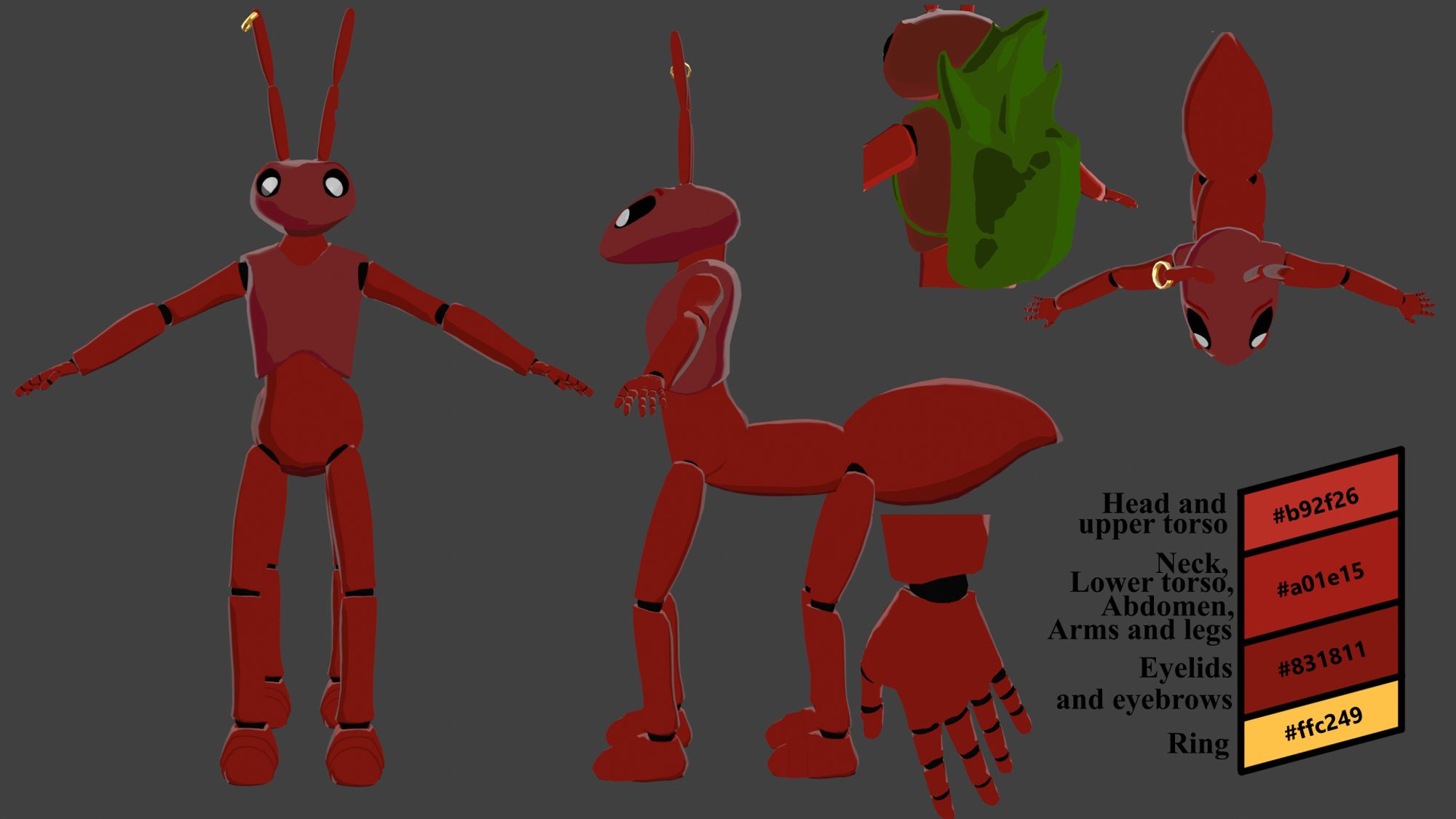 A reference sheet for a red anthropomorphic ant, showing her front, left side, and top. She has black, insect-like eyes with white pupils. She has four legs and two arms. All her joints are black balls. She has a gold ring in her right antennae and wears a backpack made out of a leaf in one picture.