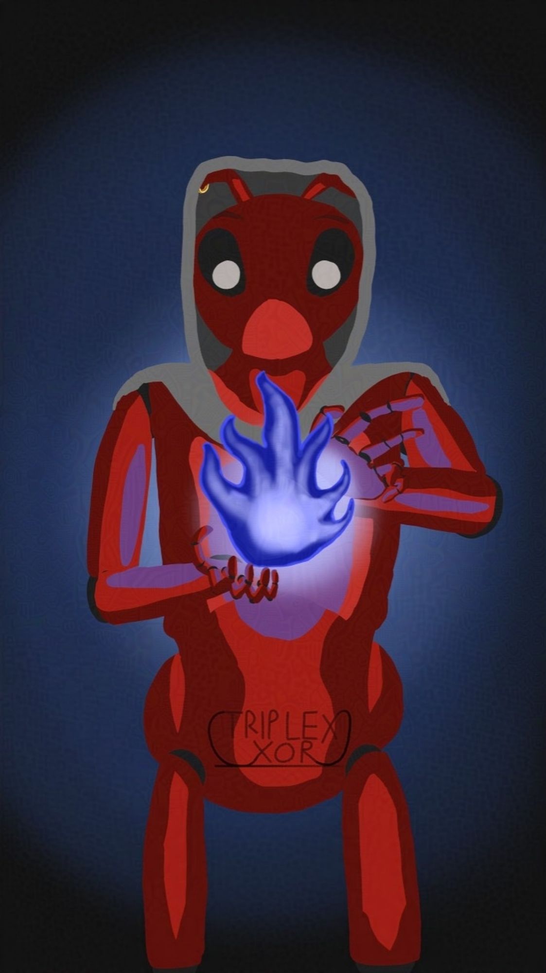 A red anthropomorphic ant is standing facing the viewer. She is covered in shadows and wears a grey hood on her head that covers her face in shadow. She holds her hands out around a blue fireball that floats between them and illuminates her in a blue glow. She is looking at the fireball with her white pupils on her black, insect-like eyes. The background is dark with a blue circle of light emanating from the center.