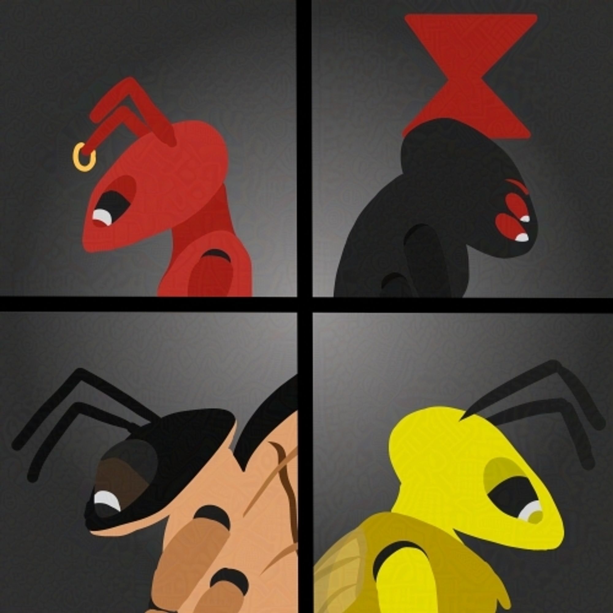 A four part picture with an insect in each of the four frames. An ant, a spider, a butterfly, and a bee. The spider has a red hour glass shape behind it.