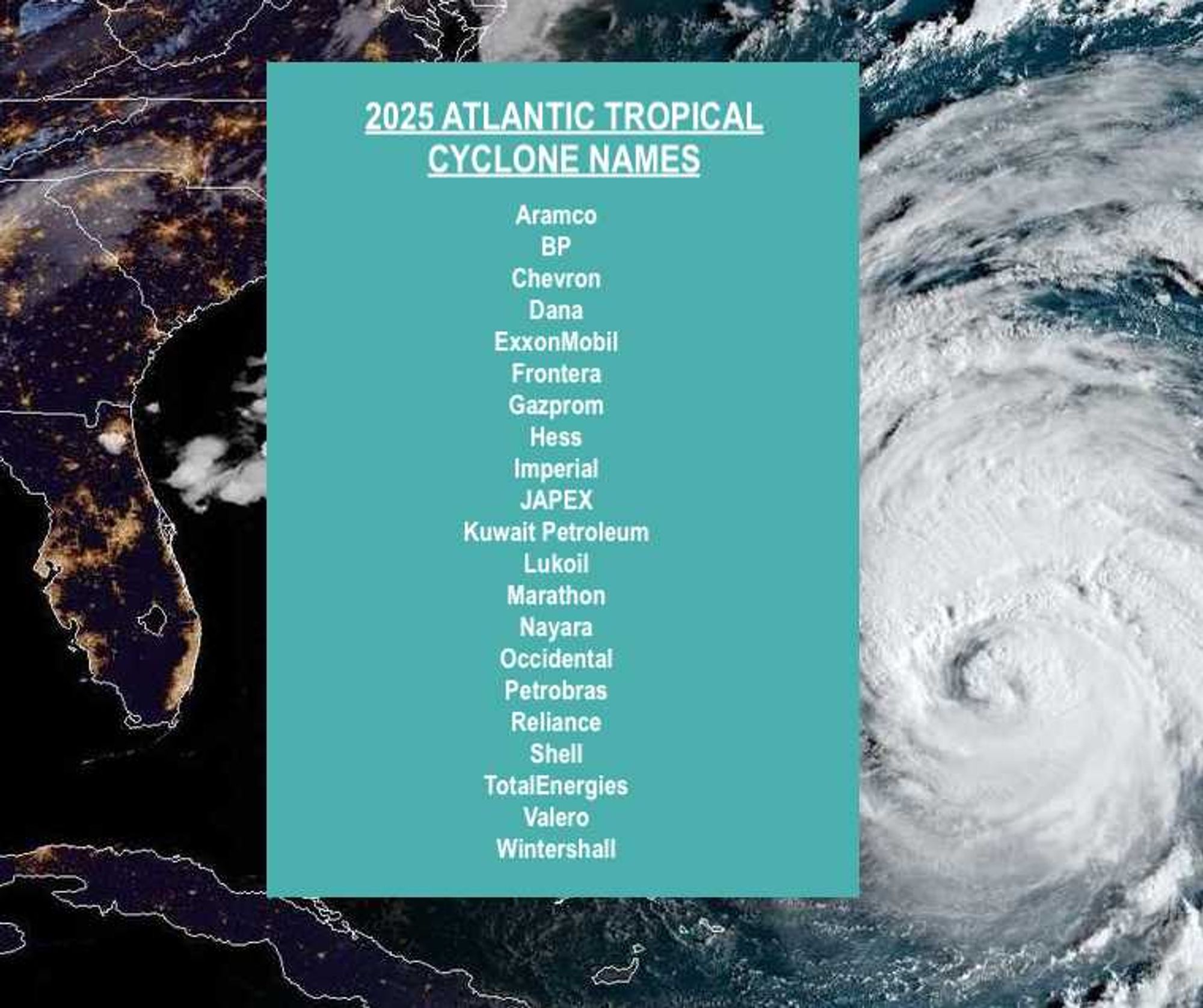 A satellite picture of the western Atlantic, showing the US coastline and Cuba on the left, a large hurricane with a distinct eye on the right, and a text box in the center that reads "2025 Atlantic Tropical Cyclone Names: Aramco, BP, Chevron, Dana, ExxonMobil, Frontera, Gazprom, Hess, Imperial, JAPEX, Kuwait Petroleum, Lukoil, Marathon, Nayara, Occidental, Petrobras, Reliance, Shell, TotalEnergies, Valero, Wintershall"