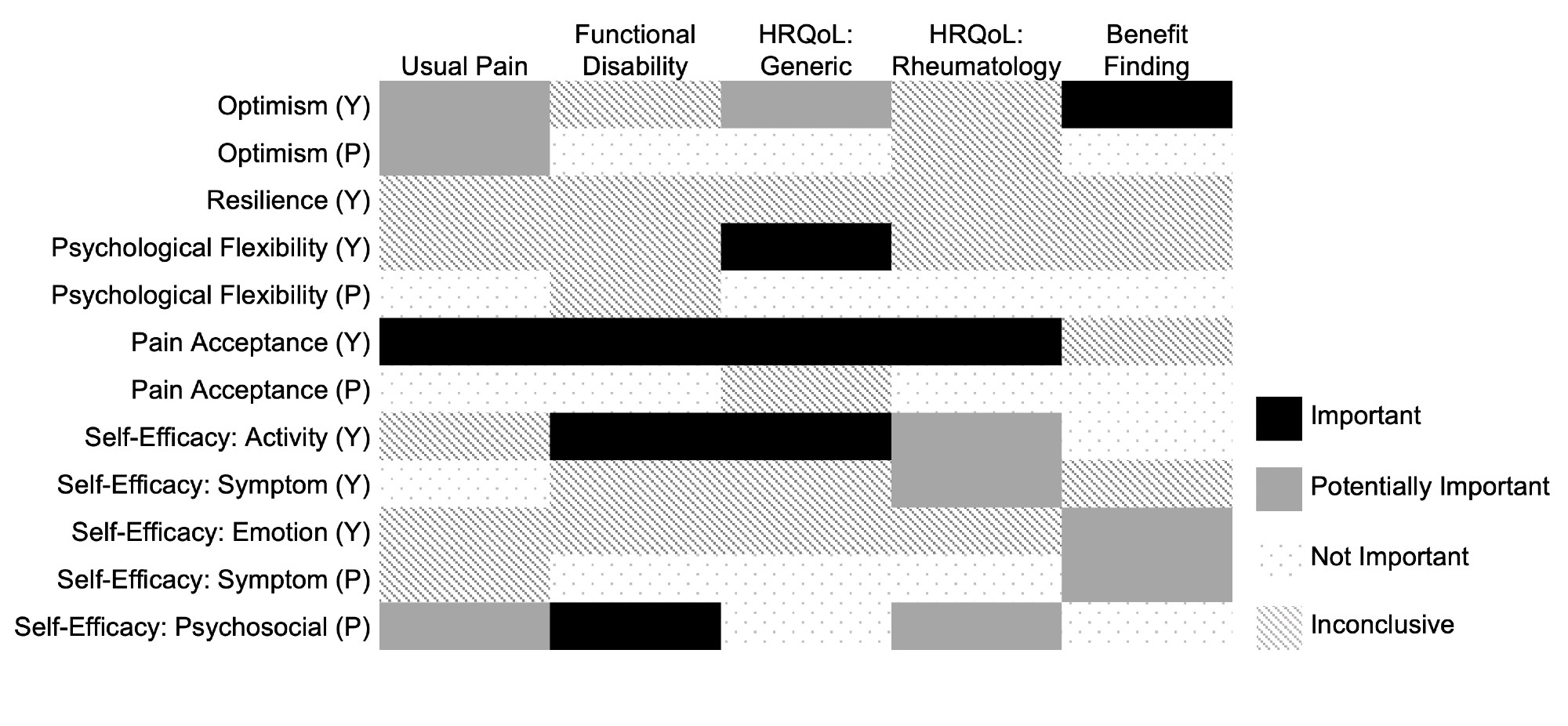 Summary of the Significance of Each Predictor between Correlational and Regression Analyses Across Models.  HRQoL = Health related quality of life; P = Parent; Y = Youth. “Important” = Relative importance (RI) ≥ +.05 and both standardized coefficients are significant. “Potentially Important” will have a RI ≥ +.05 and one significant standardized coefficient. “Not Important” = RI values between -.05 and +.05 and neither standardized coefficient is significant. “Inconclusive” = All other cases where RI < +.05 but at least one of the two coefficients is statistically significant.