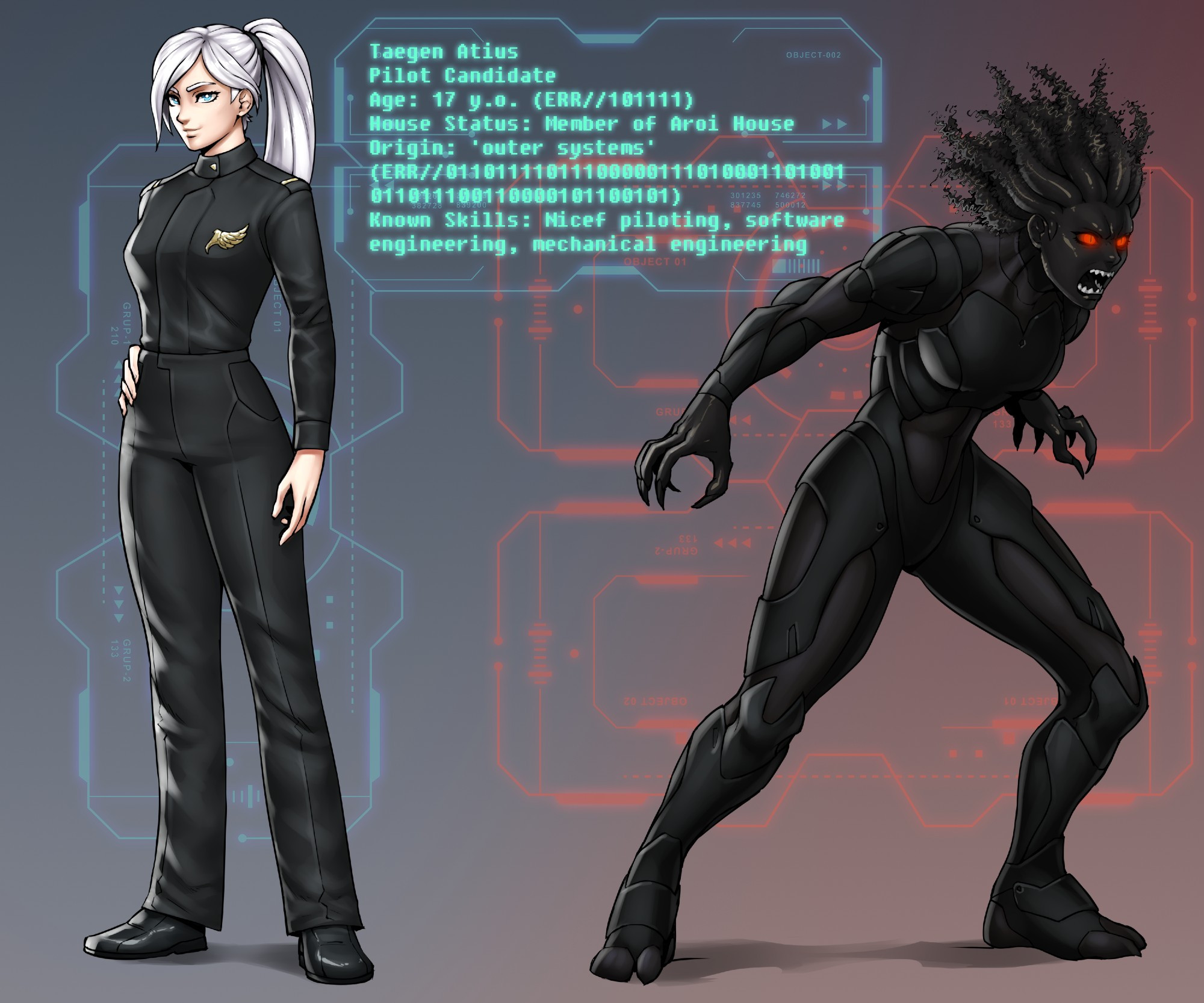 Art by Luigiix - character reference sheet for Taegen Atius, main character of NICEF. Left side shows a normal human appearance in an academy uniform (she has white hair in a ponytail and ice blue eyes with very pale skin). Right side shows a ferocious alien appearance, with red glowing eyes, black skin, black armor, and distorted tentacles in place of hair. Her open mouth shows shark-like teeth. The center features text with brief bio factoids. 'Taegen Atius; Pilot Candidate; Age 17 y.o.; House Status 'Member of Aroi House'; Origin 'outer systems'; Known Skills 'Nicef piloting, software engineering, mechanical engineering' 