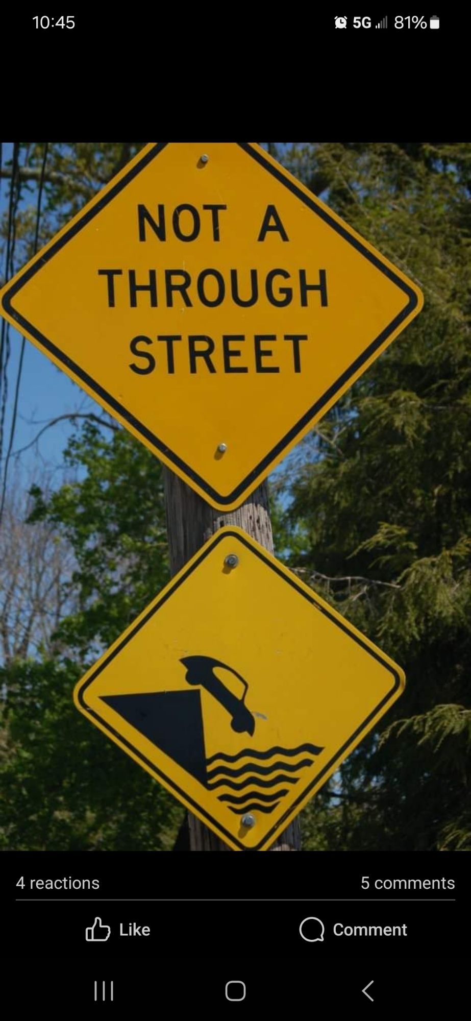 Pair of yellow street signs in Mystic, Connecticut. The top sign says "Not a through street." The bottom sign is an diagram of a car driving off an edge into water.