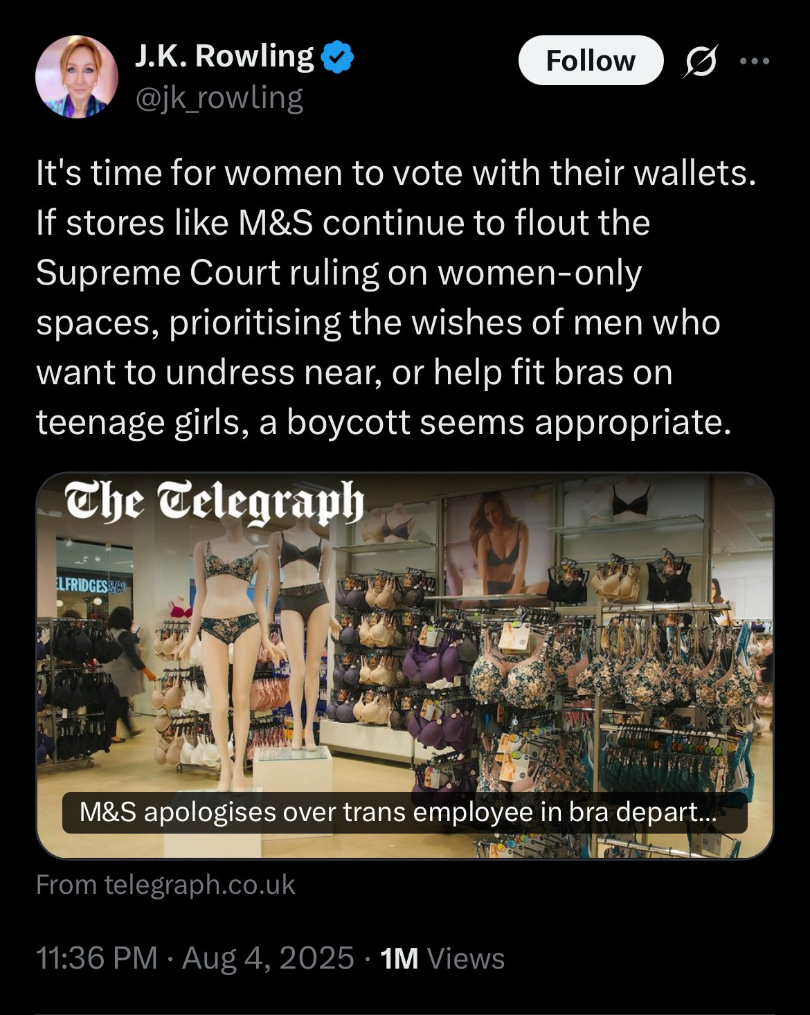 JK Rowling tweeting got a boycott of M&S, stretching facts to the breaking point, and making the world a worse place for absolutely everyone.