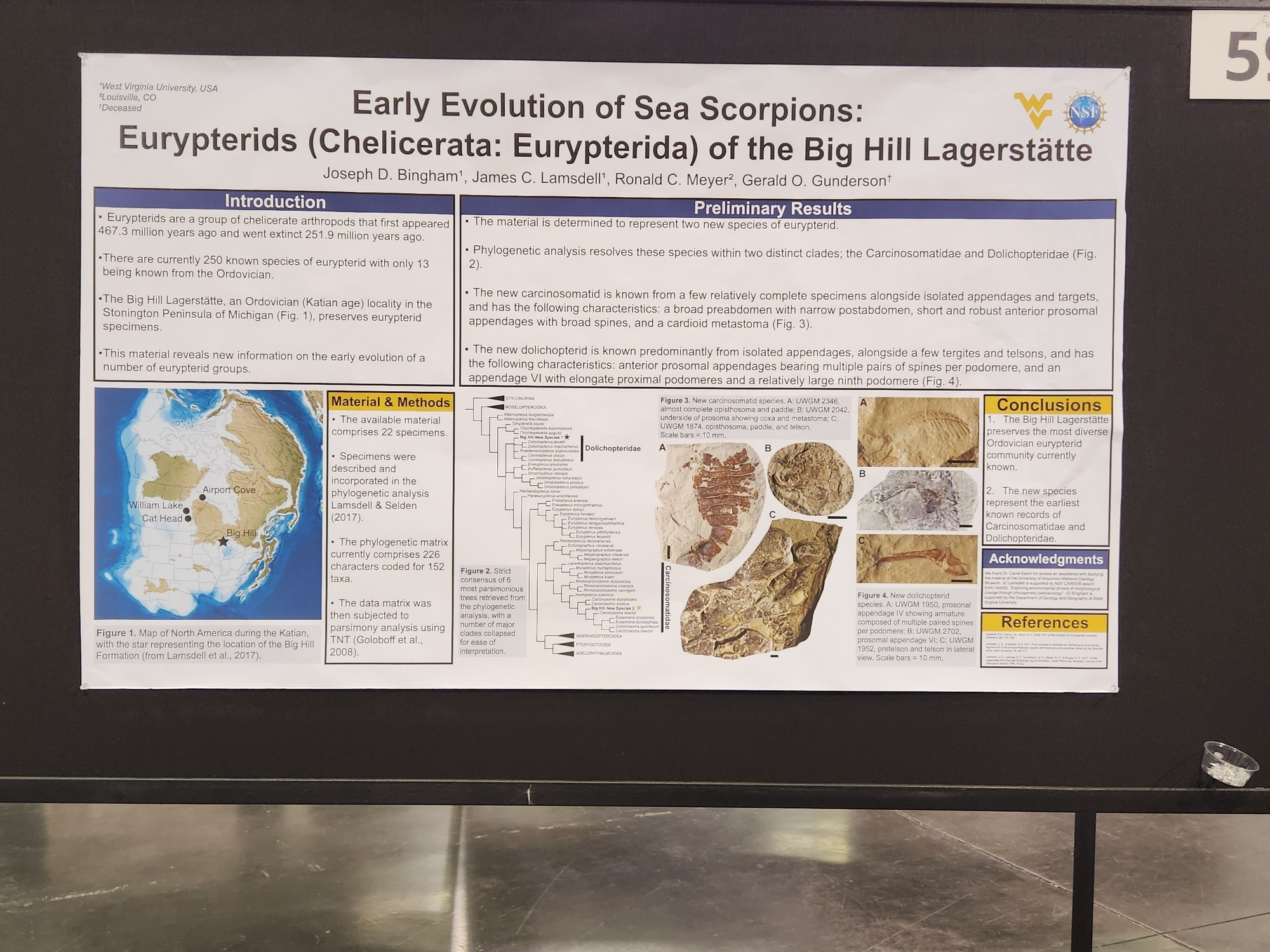 A poster on a conference poster board showing a large map and pictures of fossils alongside text. The poster title is "Early Evolution of Sea Scorpions: Eurypterids (Chelicerata: Eurypterida) of the Big Hill Lagerstatte".