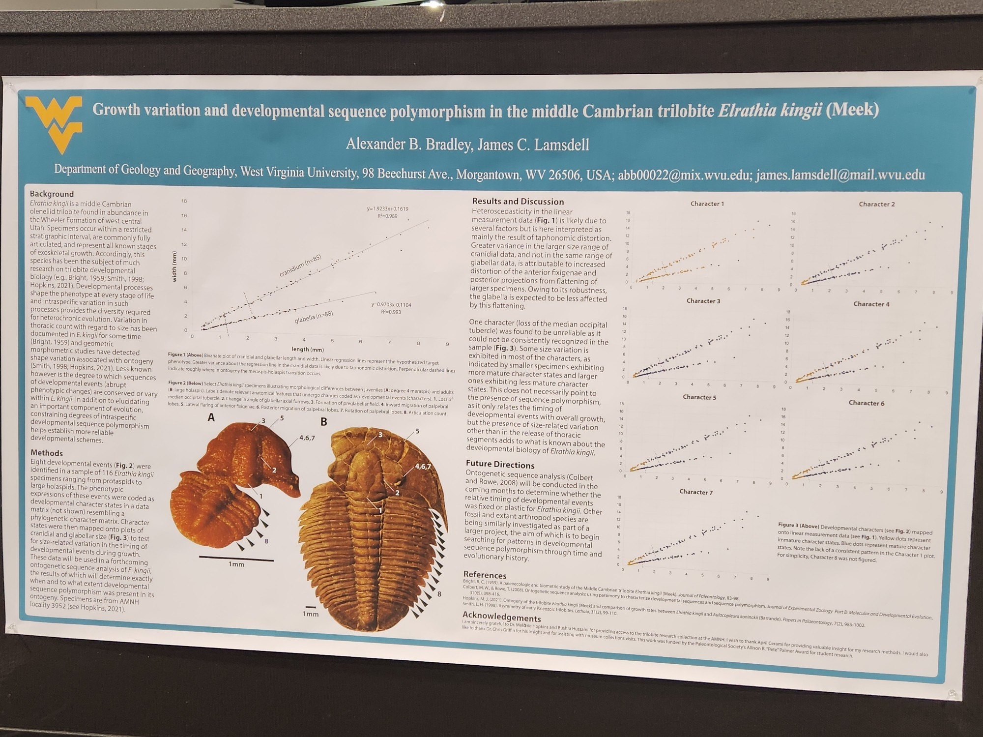 A poster showing text, several graphs, and some pictures of trilobites. The poster title is "Growth variation and developmental sequence polymorphism in the middle Cambrian trilobite Elrathia kingii (Meek)".