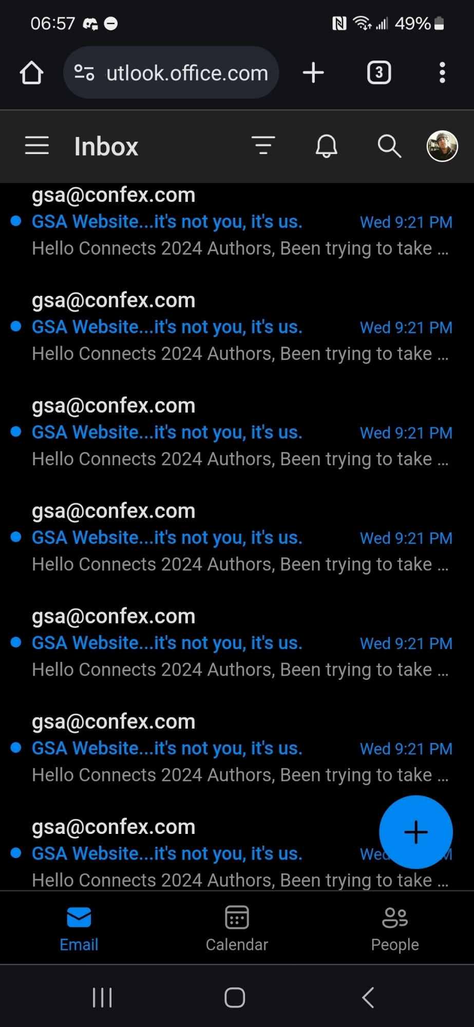 A screenshot of 7 emails from gsa@confex.com, all titled "GSA Website... it's not you, it's us."