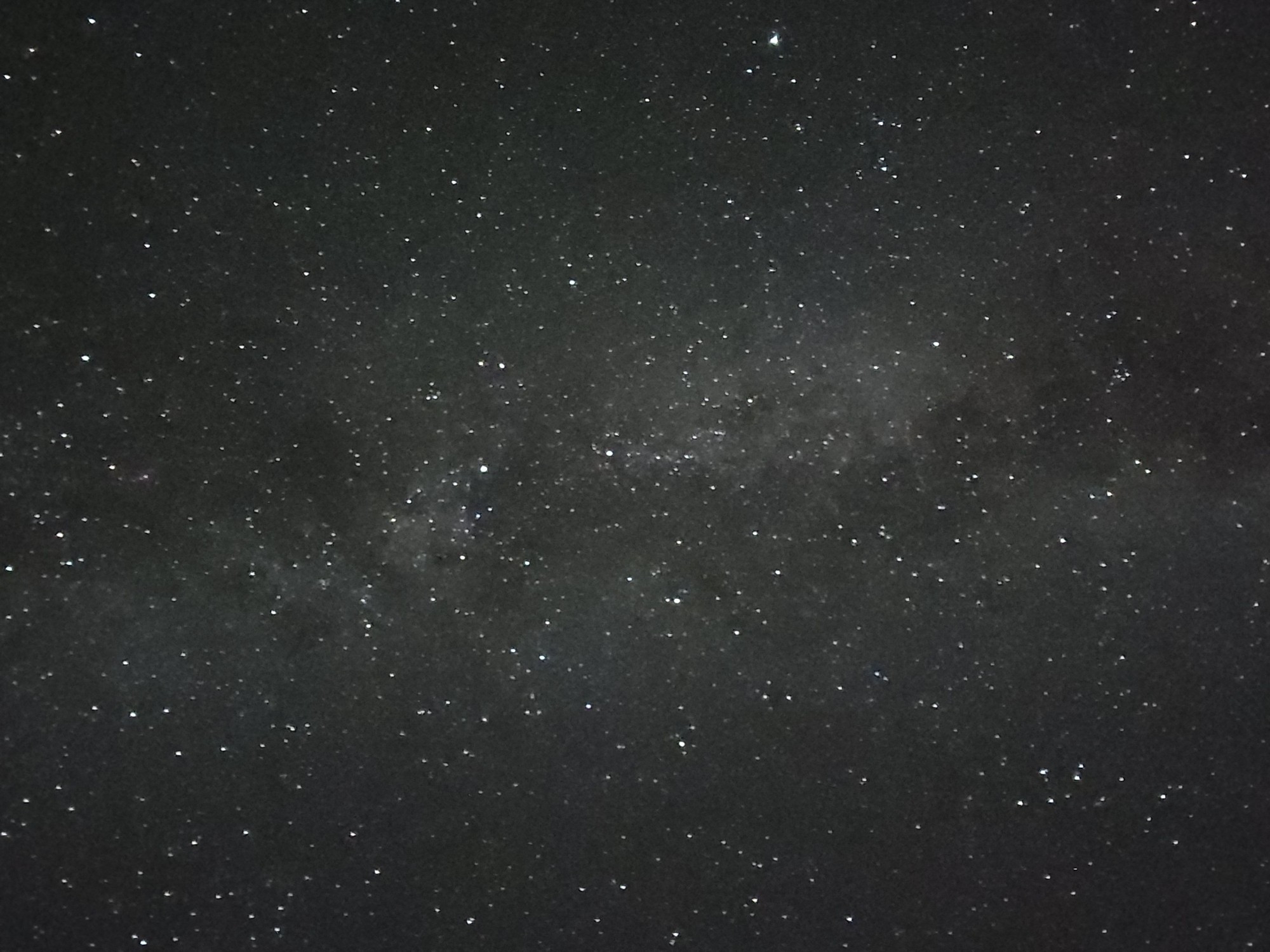 A view of a star filled sky, with an arm of the milky way faintly visible.