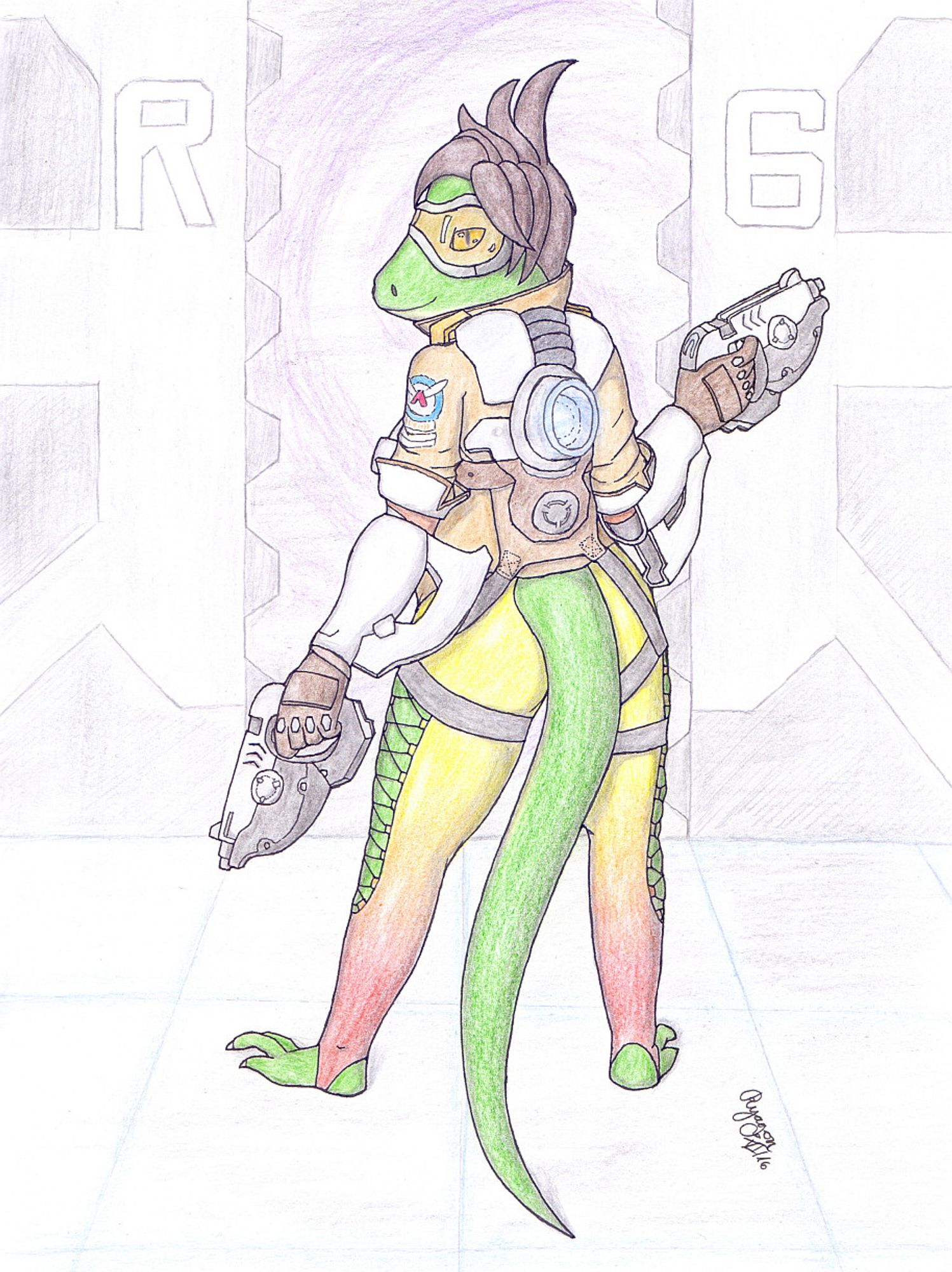 Traditional drawing of a green lizard lady cosplaying as Tracer from Overwatch in the forbidden pose. (You had to be there.)