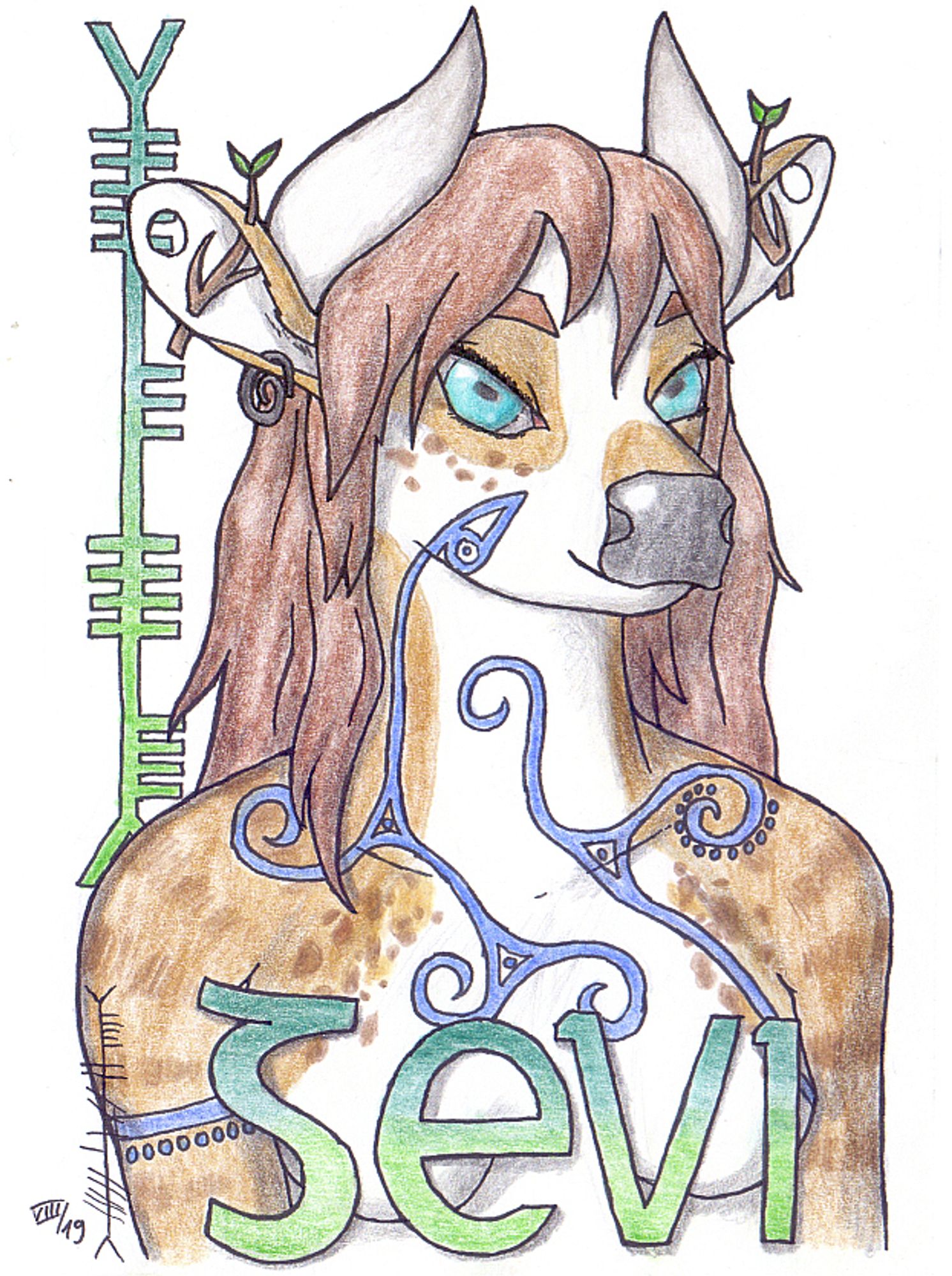 Traditional badge for @delkiowsevi.bsky.social 's Sevi (Normande cow) with traditional Celtic body paint, drawn for Eurofurence 25 in 2019