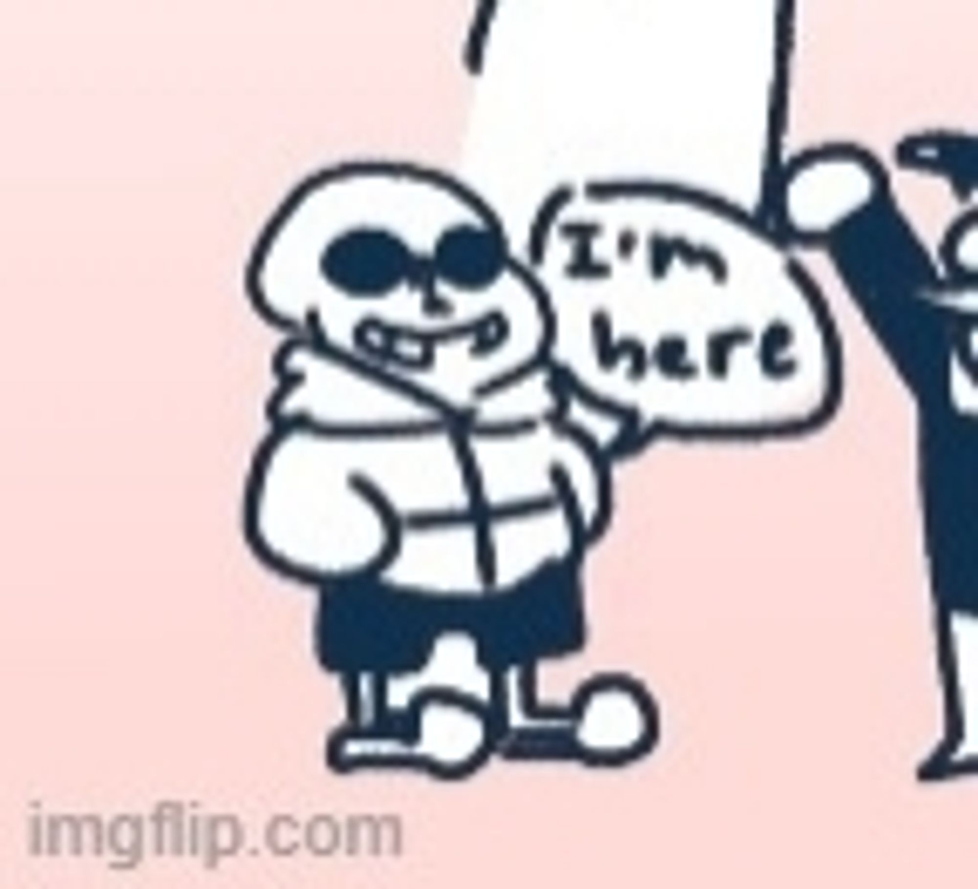 An excerpt of a comic by Buhbahbuh on Tumblr, showing Sans Deltarune as part of a self-help group. Sans says "I'm here"