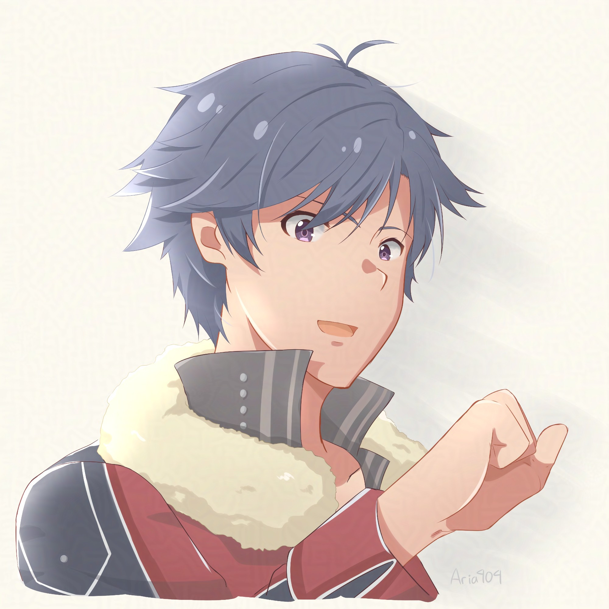 Fanart of Rean Schwarzer in Trails of Cold Steel 2 outfit. Rean is drawn from bust up and he is holding his right fist up.