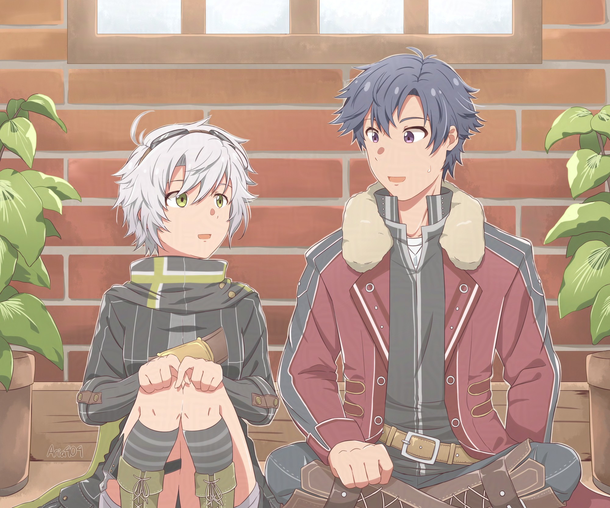 Fanart of Fie Claussell and Rean Schwarzer in Trails of Cold Steel 2 outfit. They are sitting at a corridor of an inn.