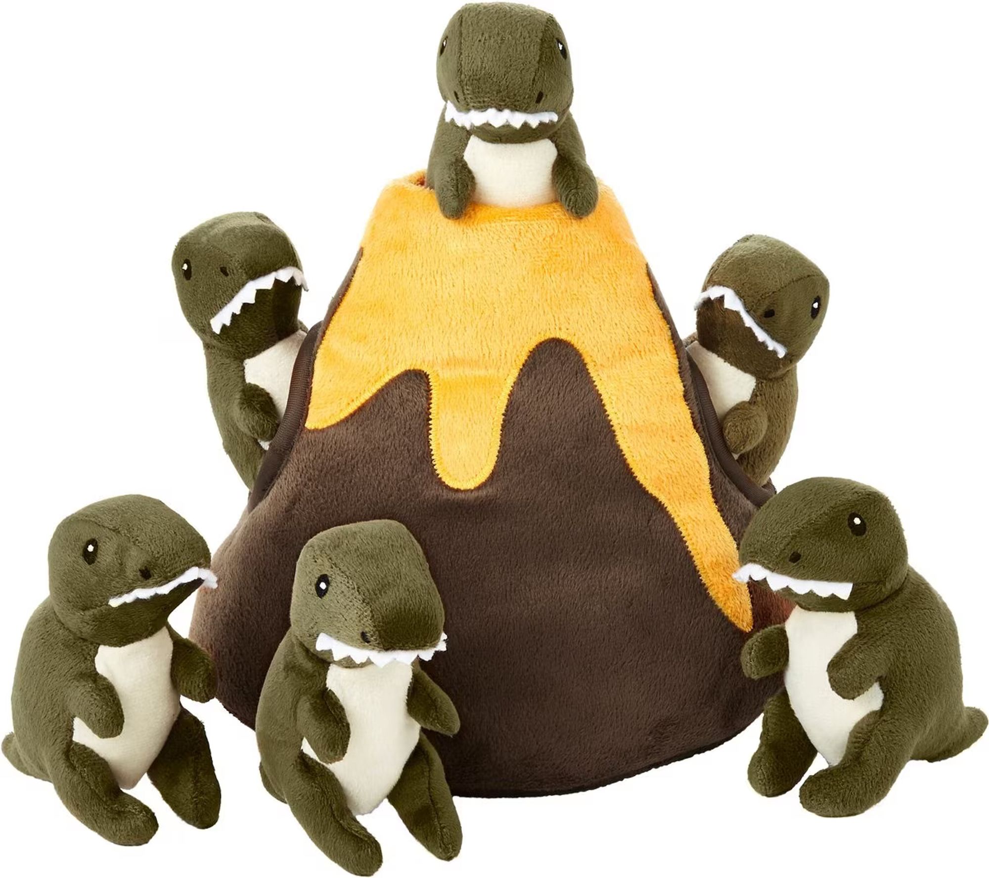 Stuffed dog toy that's a volcano with a bunch of goofy little T. rexes popping out of it and standing around it