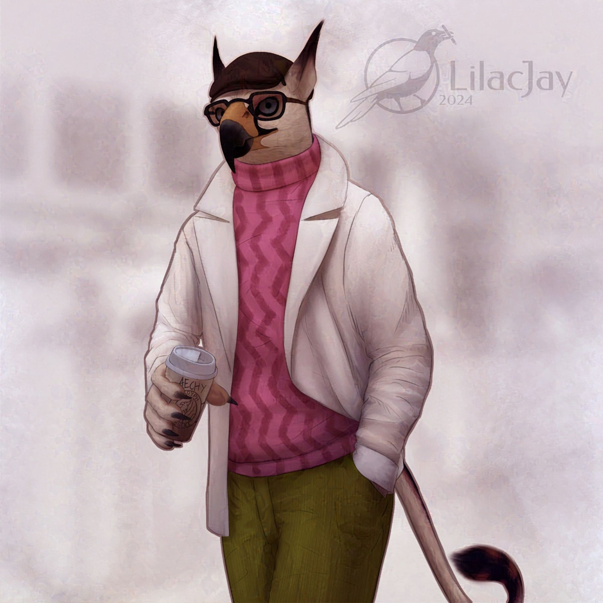 Drawing of an anthropomorphic griffin walking with one hand in his pocket and the other holding a take-away coffee cup. The cup reads: 'Gryph Bucks' and 'Aechy', which is a misspelled version of his name (Aeki). He wears a pink turtle neck sweater, a white jacket, green pants, as well as shaded aviators and a beret. He casts a mildly annoyed glance at the viewer.