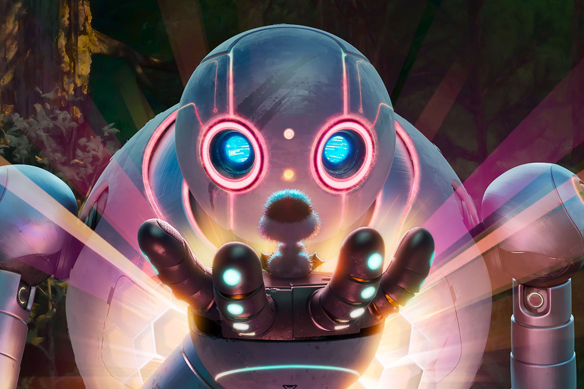 A movie cover from DeamWorks "The Wild Robot", depicting said robot warmly glowing as it gazes into a baby gooseling in the center of its palm. The image gives you the radiating feeling of love at first sight.