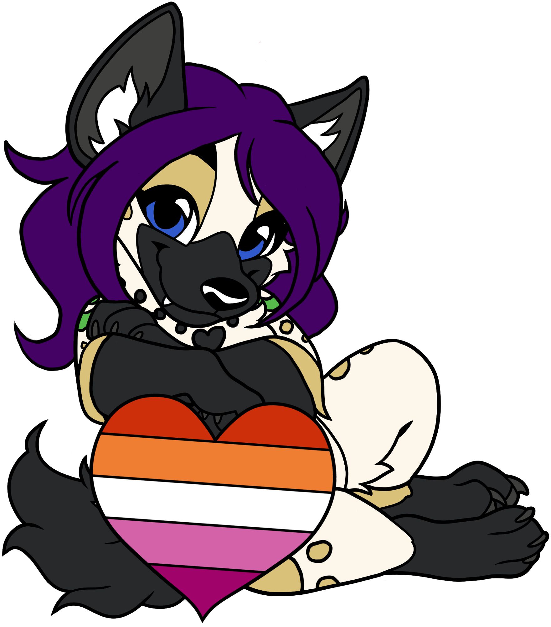 A spotted hyena is so gay she can’t sit straight, and she’s leaning on a heart with the lesbian flag.