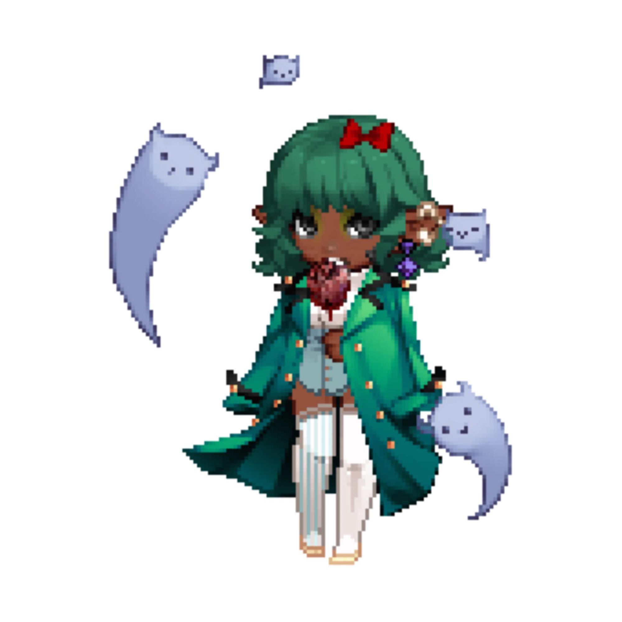 A lovely darkskinned, green haired, scantily clad-under-a-green-trenchcoat heart-munching elf-eared Avatar created  via GaiaOnline (@gaiaonline.bsky.social)