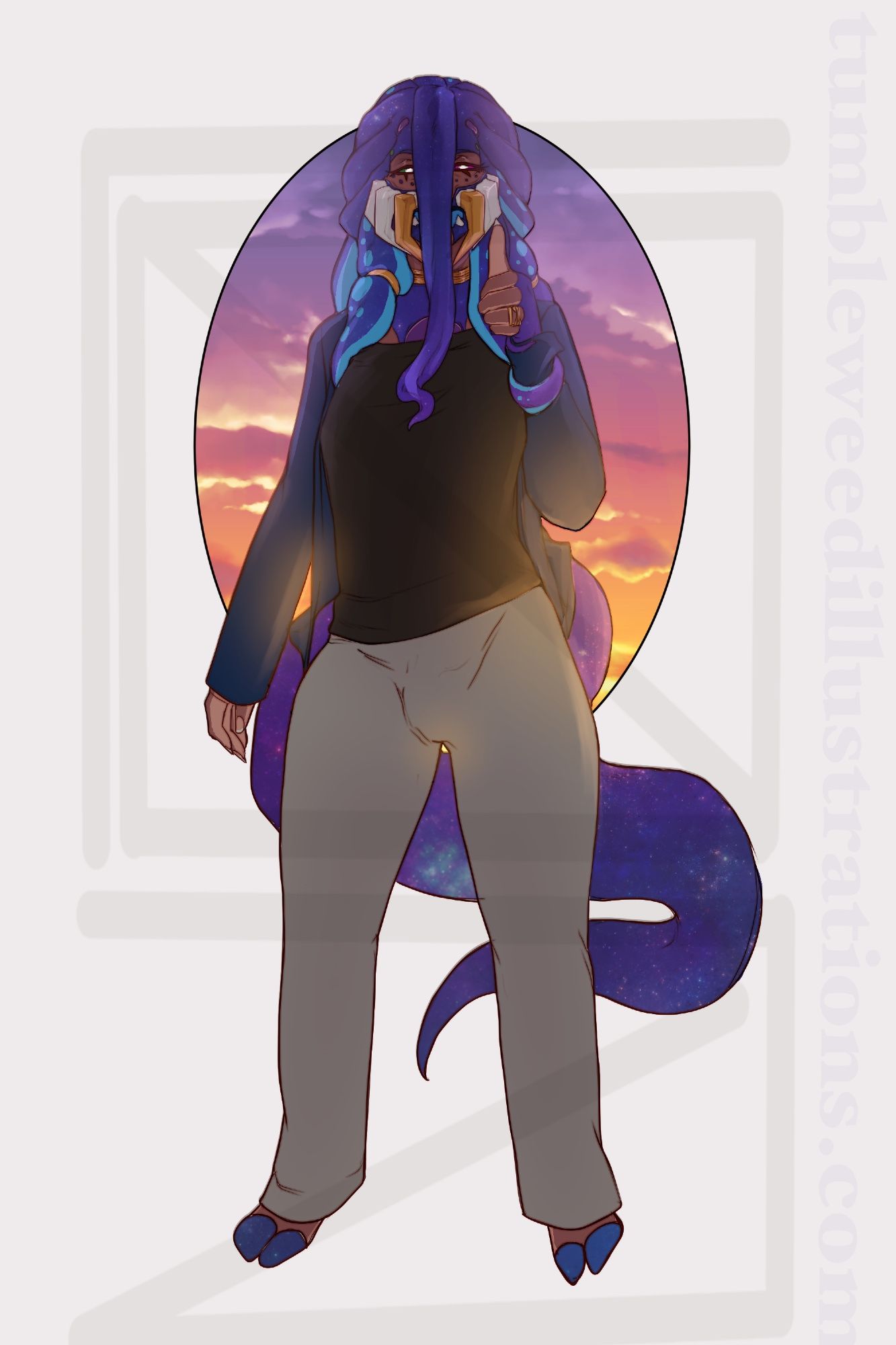 A walking cosmos giving a thumbs up with a sunset sky glowing behind them through a portal. 🎨: @draeliklotus.bsky.social (me)