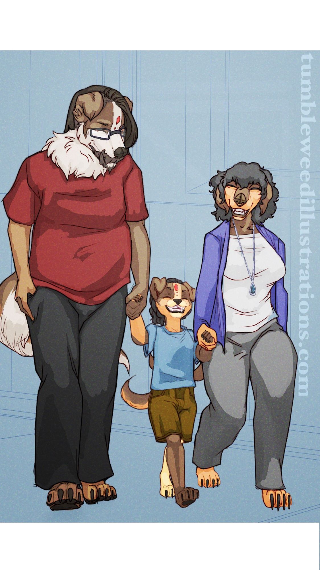 A family of three hybrids Anthro dog characters: a mother, father and their son.