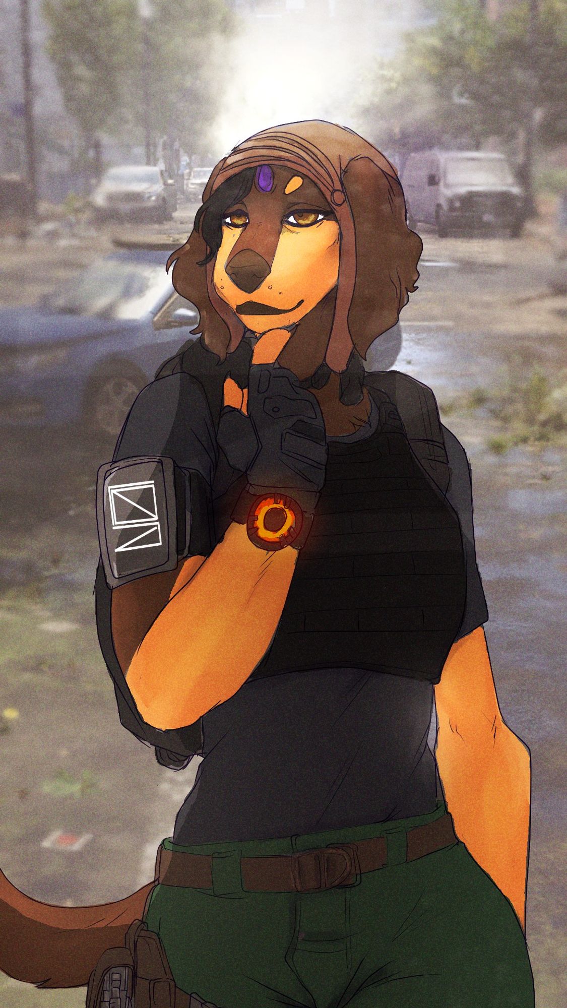 A cute anthro mixed breed Spaniel femme in tac armor and a pilot cap.