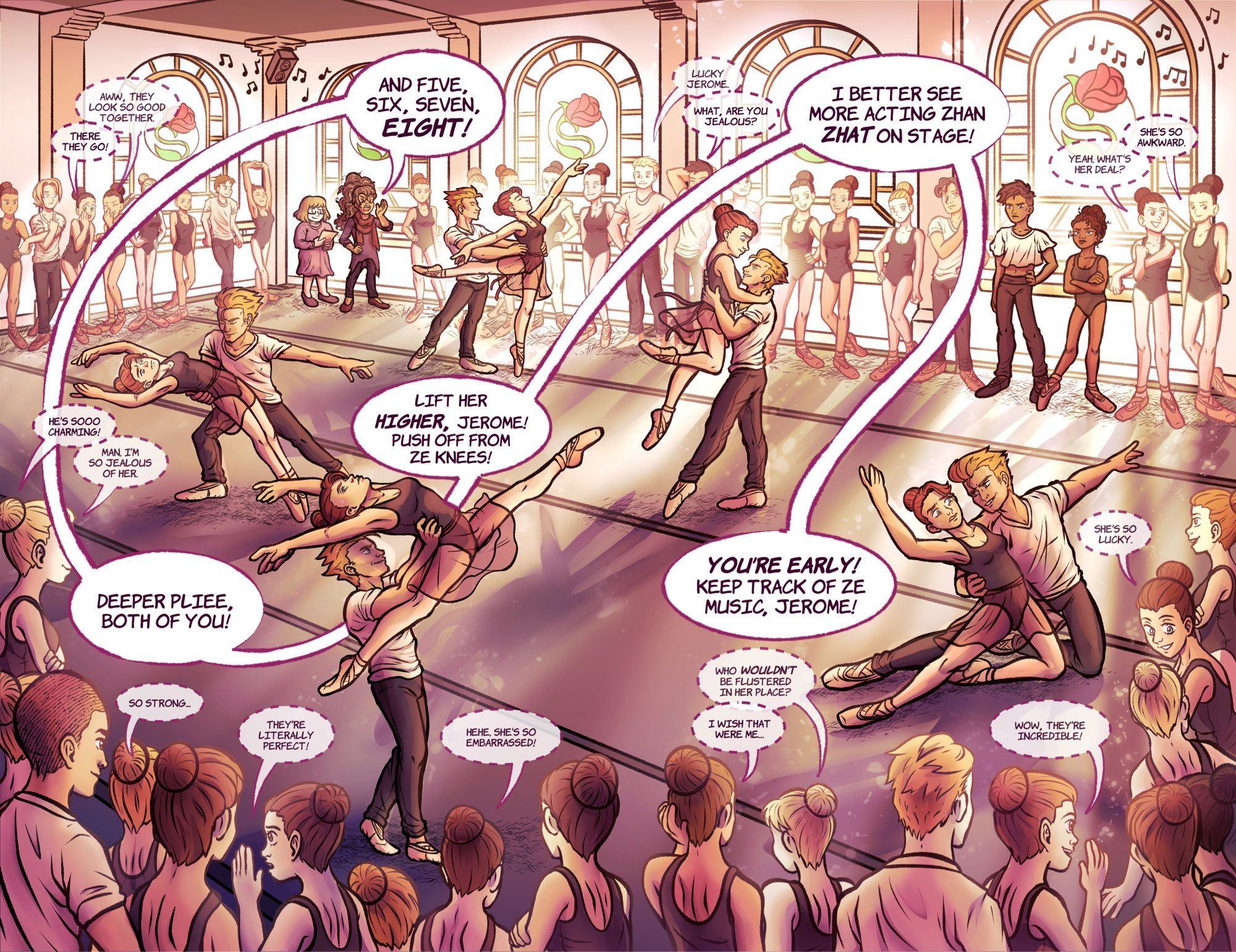 A double page spread of my characters Bellerose and Jerome dancing a pas de deux together. Their instructor Ms Sokolov directs them, and her word balloons trail their path across the pages. Amont the other dancers, Alana and David stand to the side watching bitterly.