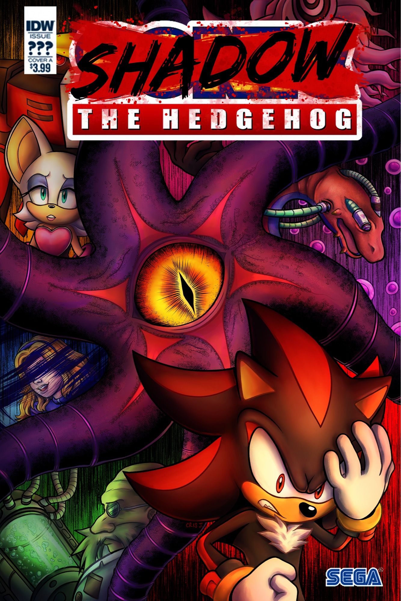 A (fake) cover for IDW Sonic. Shadow stands distraught with a hand to his head as Black Doom’s eye floats menacingly behind him. Behind his tendrils, different scenes from Shadow’s past haunt him: the Biolizard, Gerald Robotnik standing in front of the tank Shadow was born in, a wispy blocked-out memory of Maria smiling, Rouge and E-123 Omega looking concerned, and hints of Infinite in the top corner.