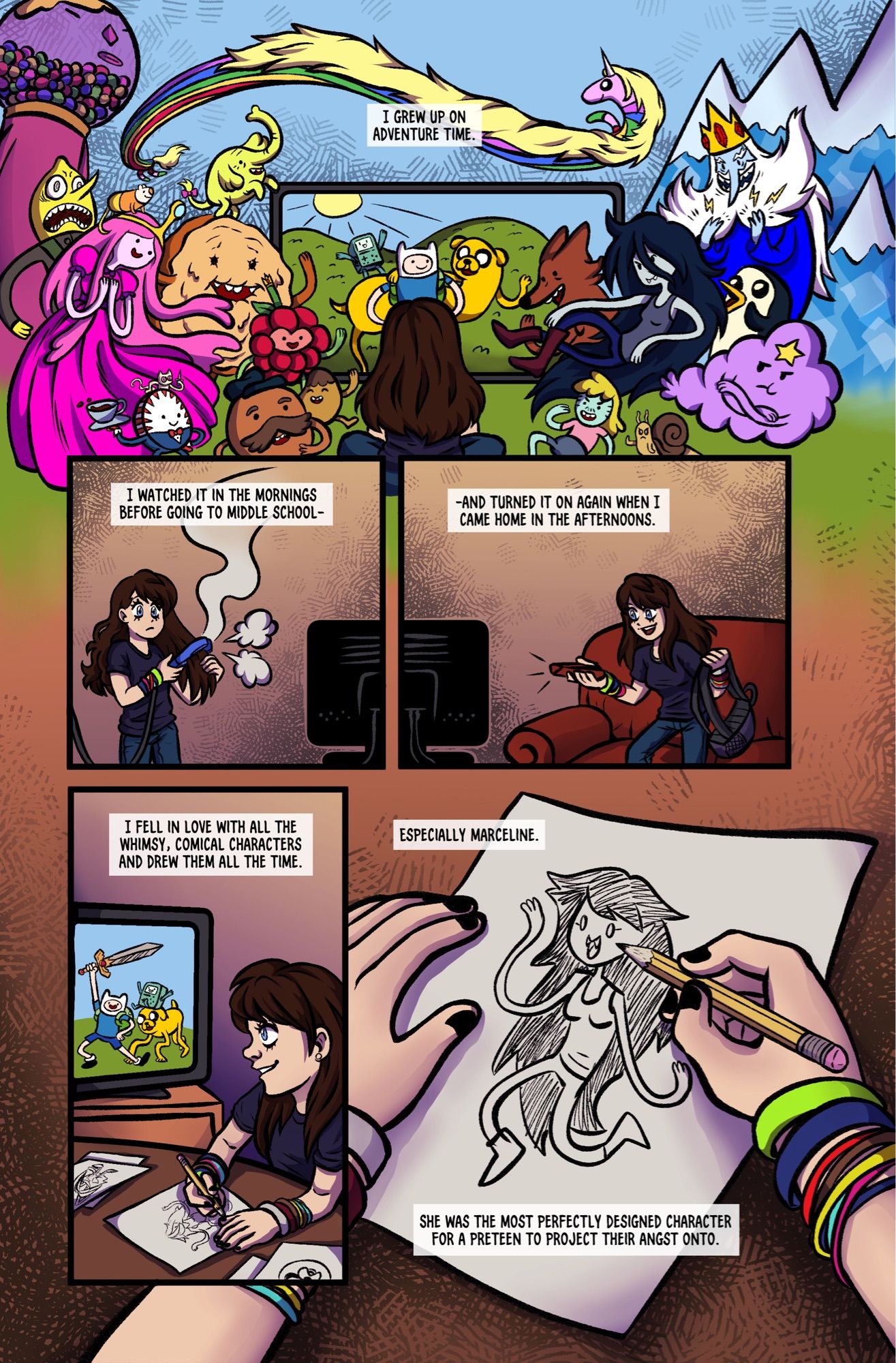 My first page for my comic from GhostShark Press’s Transcartoonology. I sit in front of a Tv screen as a teenager watching Adventure Time as the characters pour out of the scene. Later i sit and draw Marceline at the kitchen table as I watch another episode.