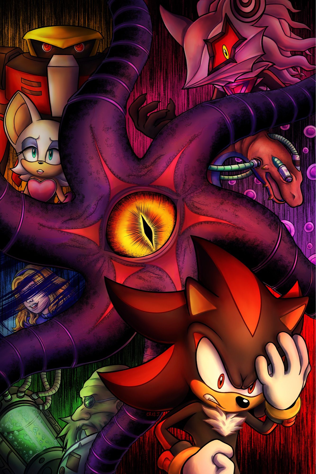 A mock cover design for Sonic the Hedgehog. Shadow stands with his head in his hand distraught as Black Doom’s eye looms behind him. In between the spaces of his tendrils, memories and people from Shadow’s past haunt him: Maria, Dr. Gerald Robotnik, the Biolizard, Rouge and E-123 Omega, and Infinite.