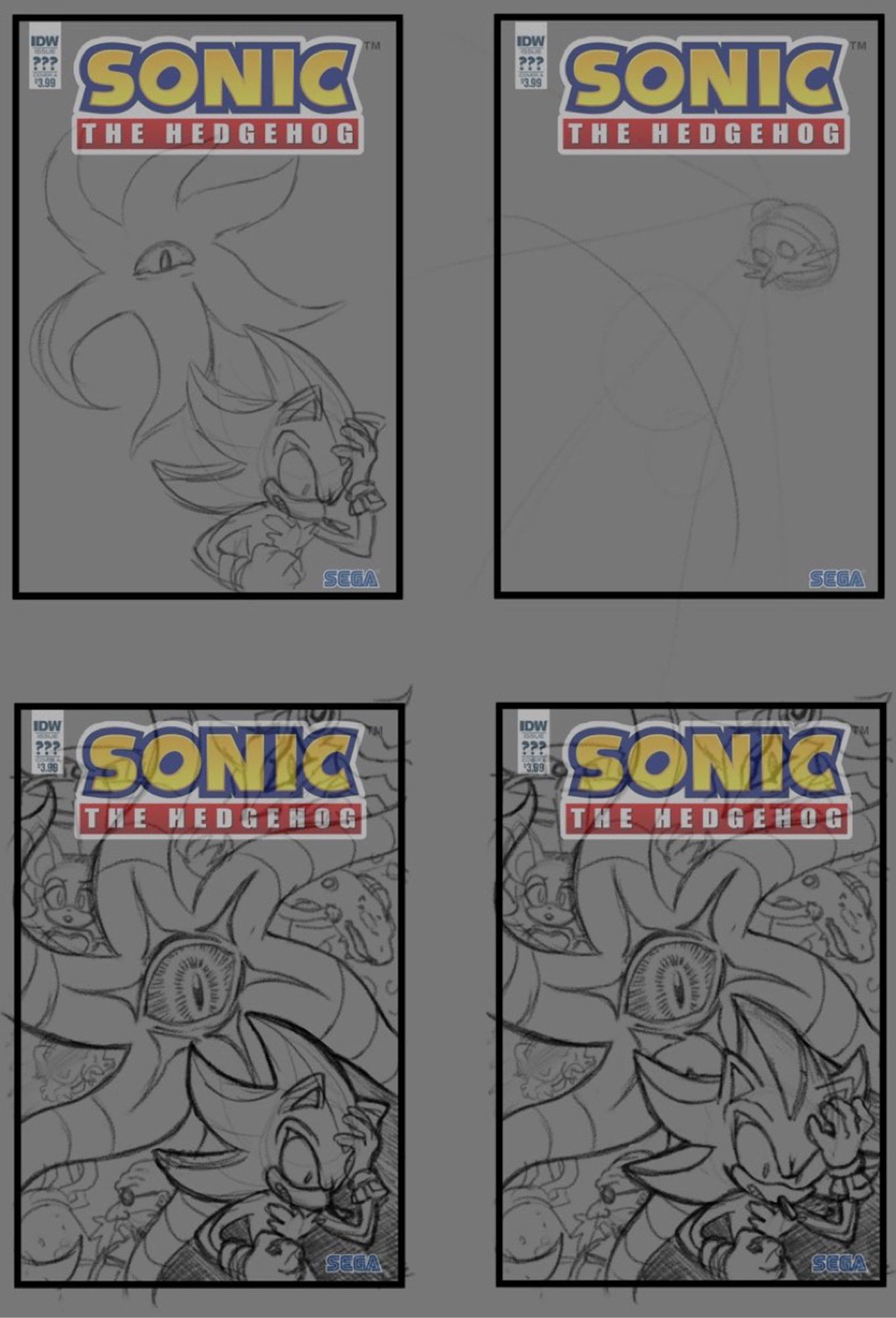 Thumbnails figuring out the composition for the cover