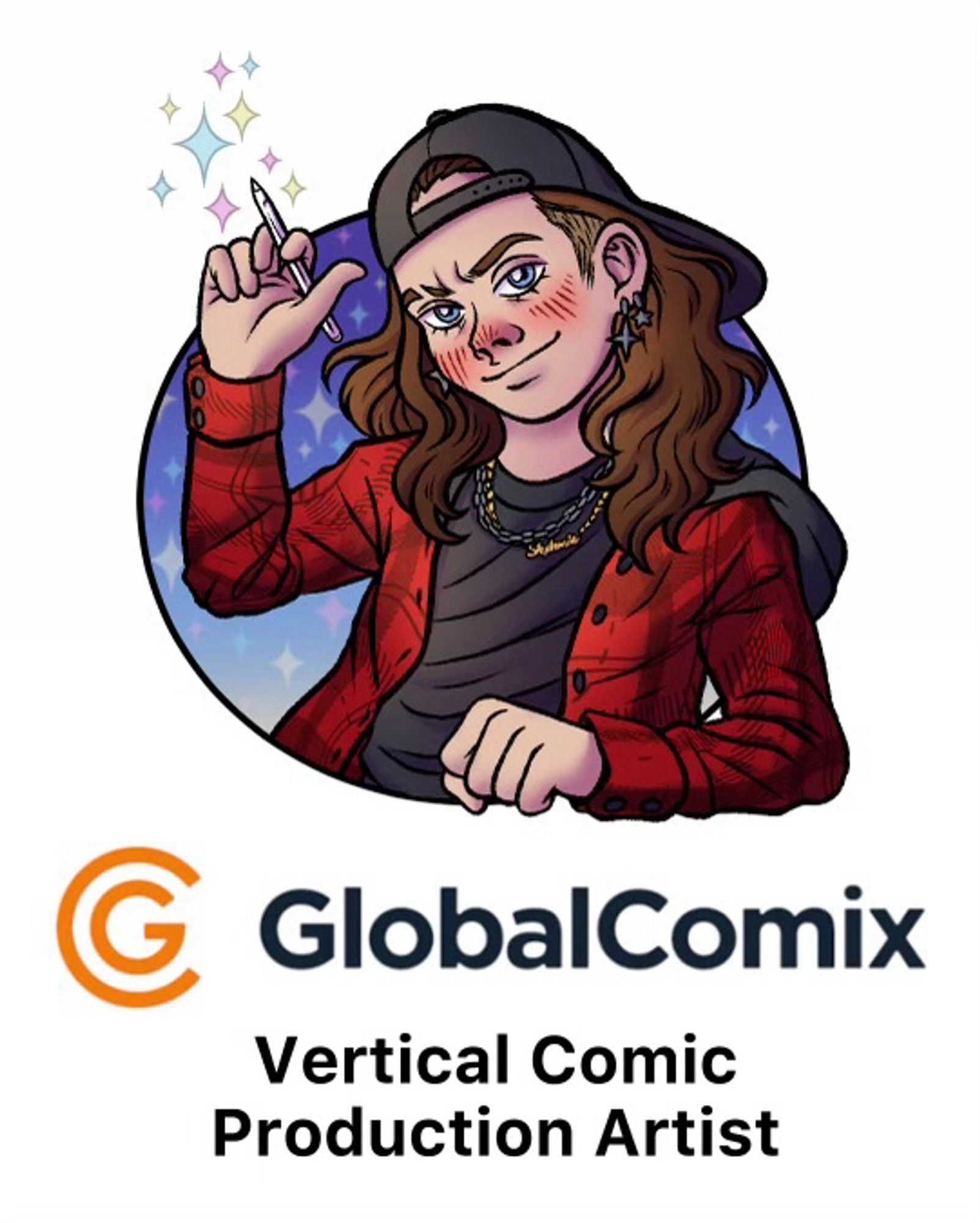 A circular self-portrait of myself holding up my apple pencil as sparkles fly around the tip. I’m smiling and looking at the viewer, wearing a black snapback backwards with a red flannel and plain black T-shirt. Under the self-portrait is the GlobalComix logo with “vertical comic production artist” typed beneath it.