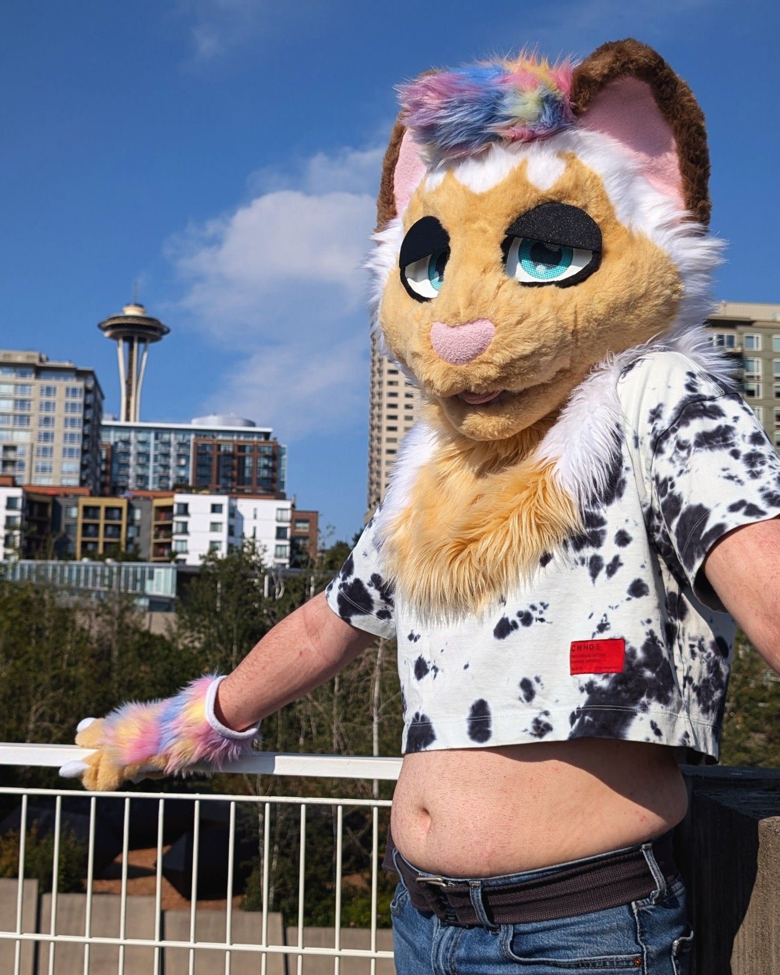 standing near a metal railing in a cat fursuit with the space needle in the background