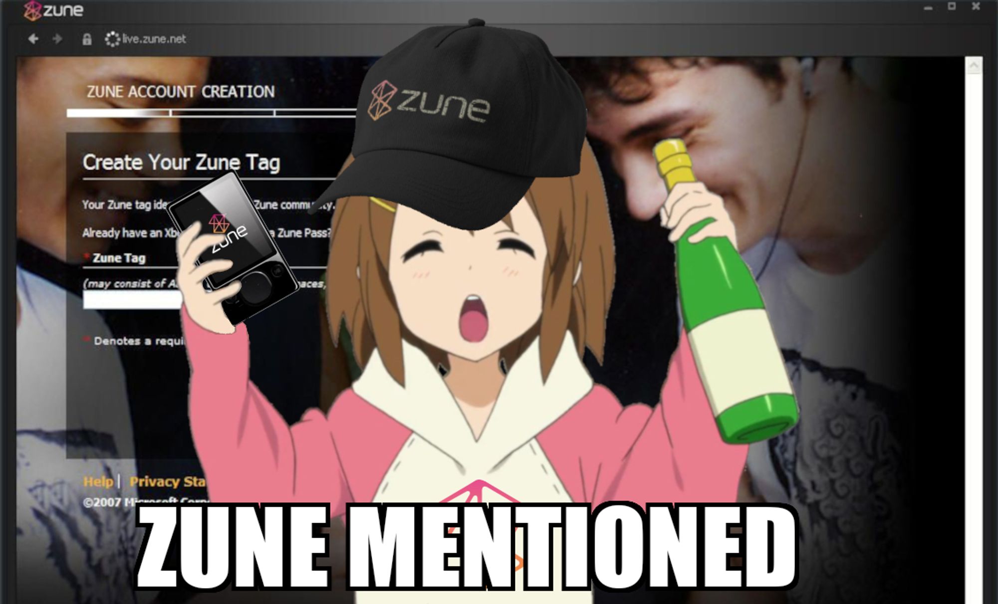 picture of an anime girl wearing a zune logo hoodie, zune logo hat, holding a zune and bottle of champagne with text saying "zune mentioned" as if in celebration