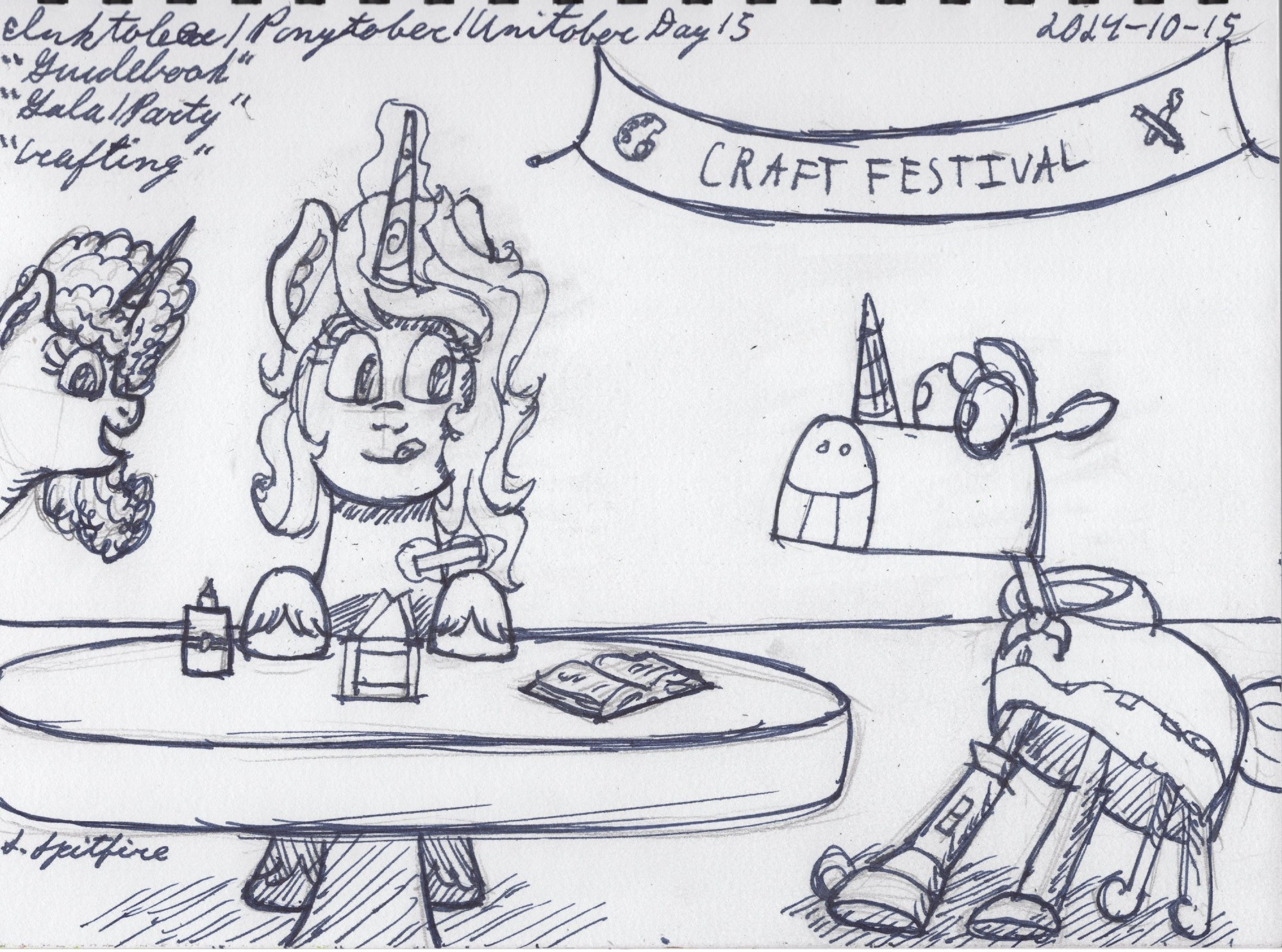 Izzy sitting at a table putting together a tiny house out of sticks and glue. A guidebook lies open to her side. Señor Butterscotch is sitting next to her. In the rear, Misty is peeking her head into the frame and is looking at the viewer. A banner with the words "CRAFT FESTIVAL" surrounded by a painter's palette and a crossed pencil and paintbrush hangs behind Izzy.