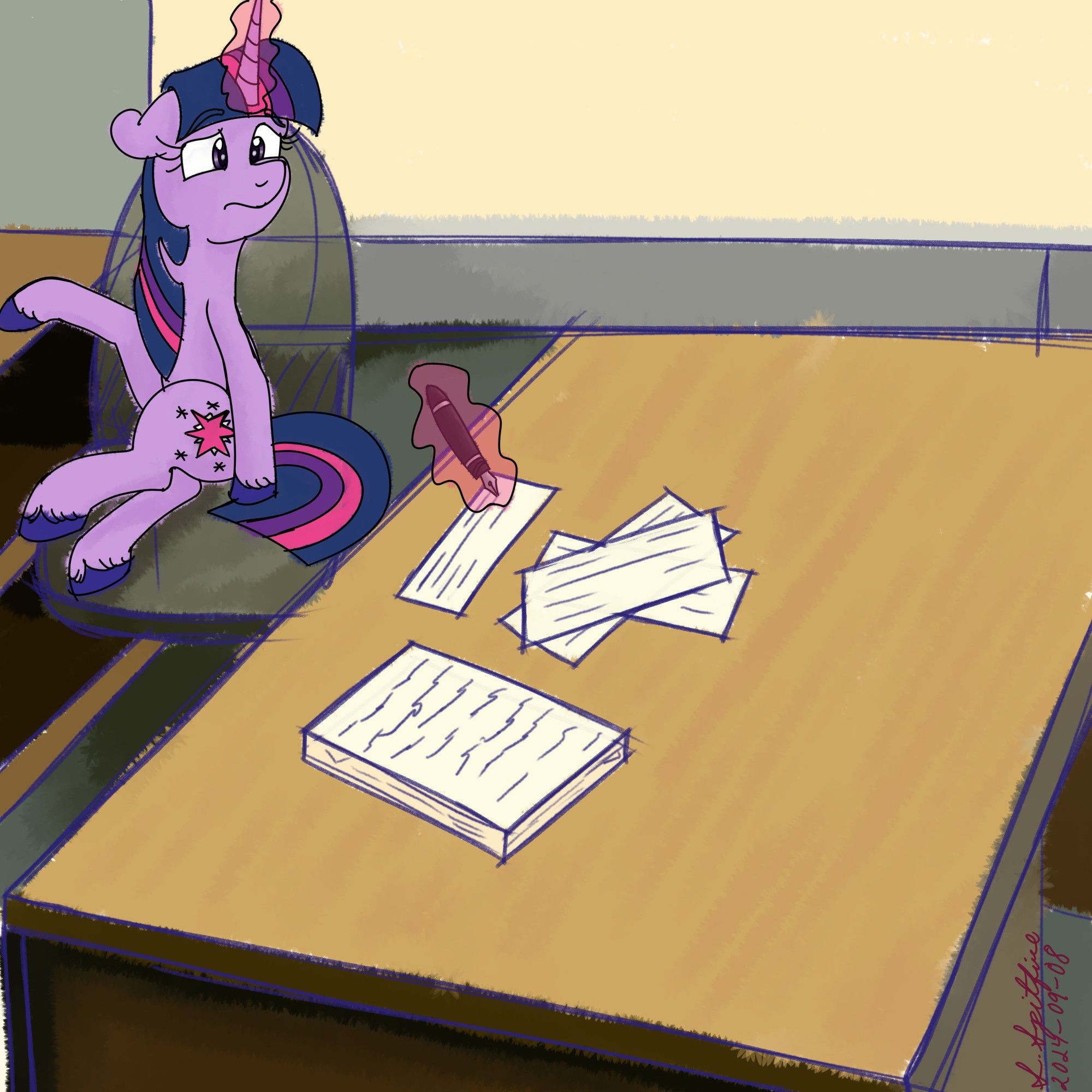 Twilight Sparkle sitting on a chair in an office. In front of her is a desk with some cheques and a stack of paperwork. She is using her magic to fill out a cheque with a fountain pen.